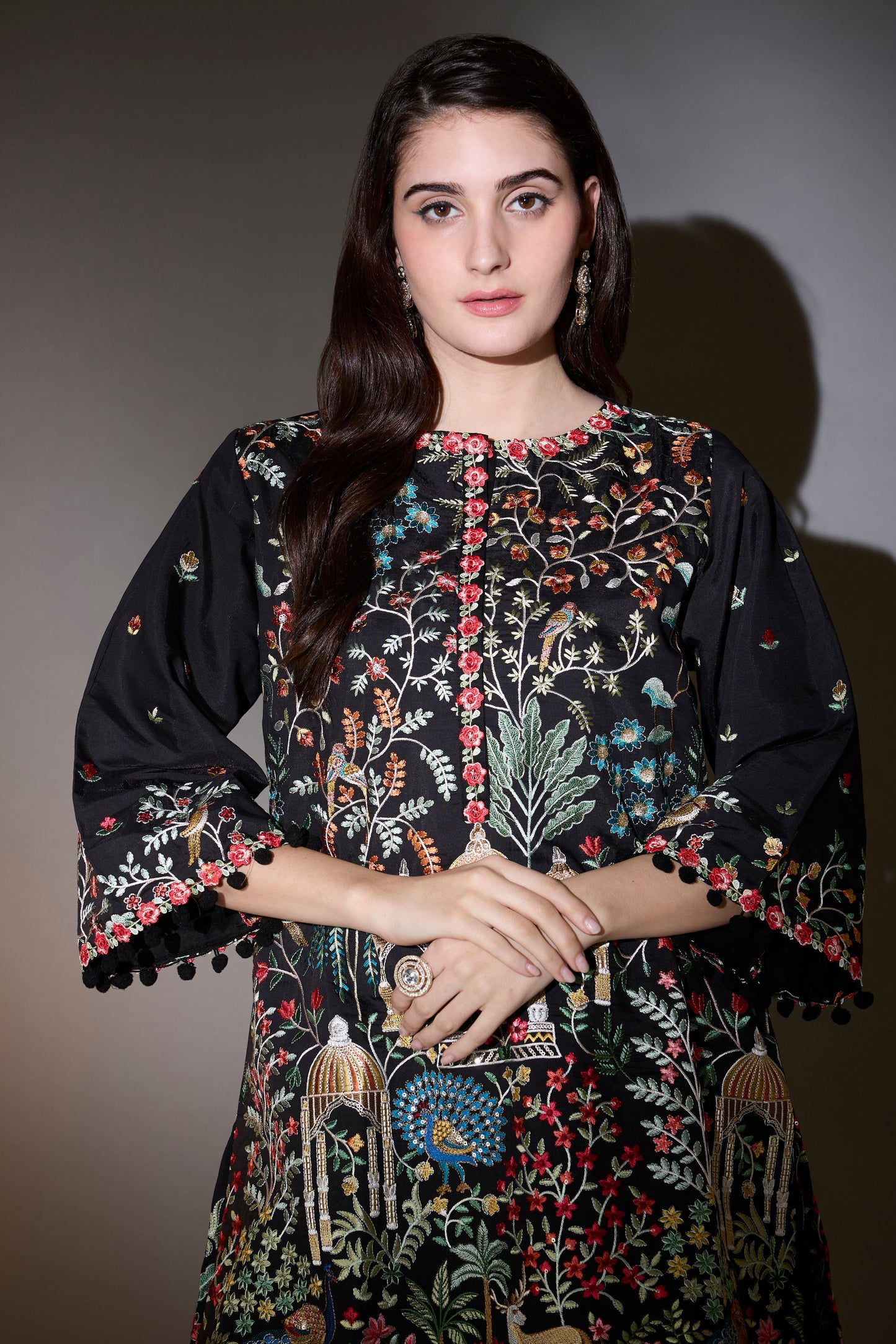 black multi thread work flora and fauna embroidered tunic