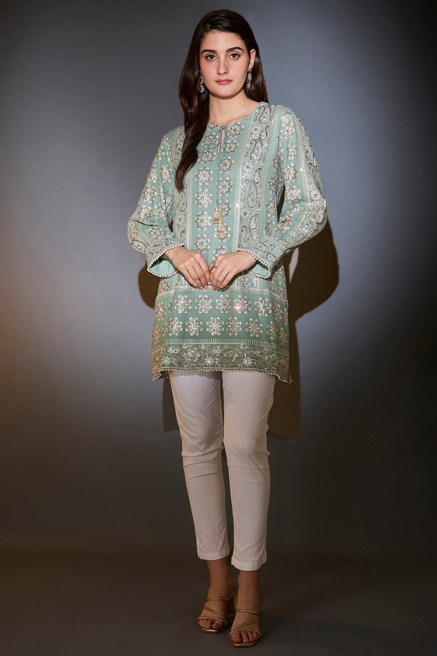 sage green chikankari tunic with sequins