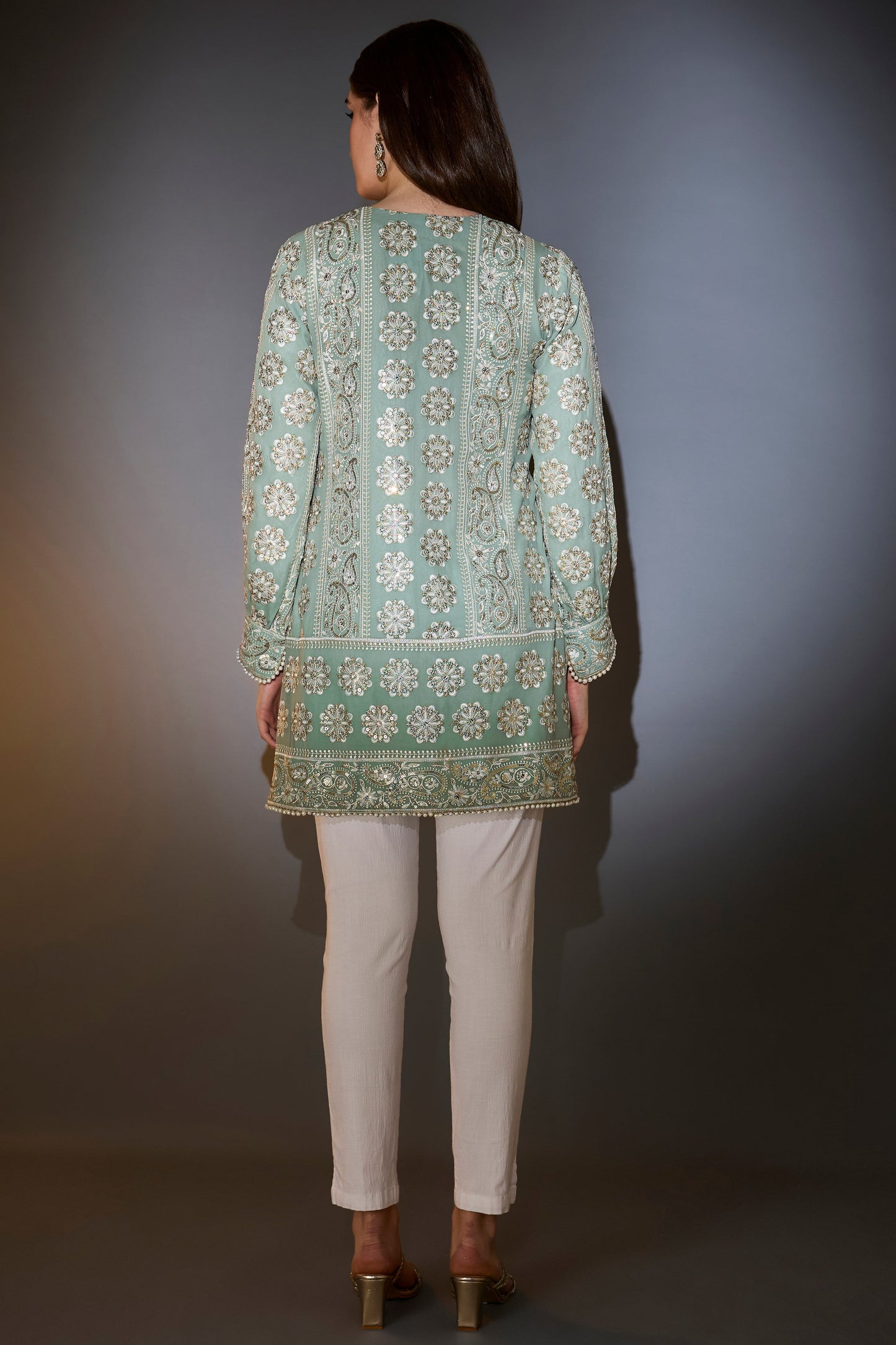 sage green chikankari tunic with sequins
