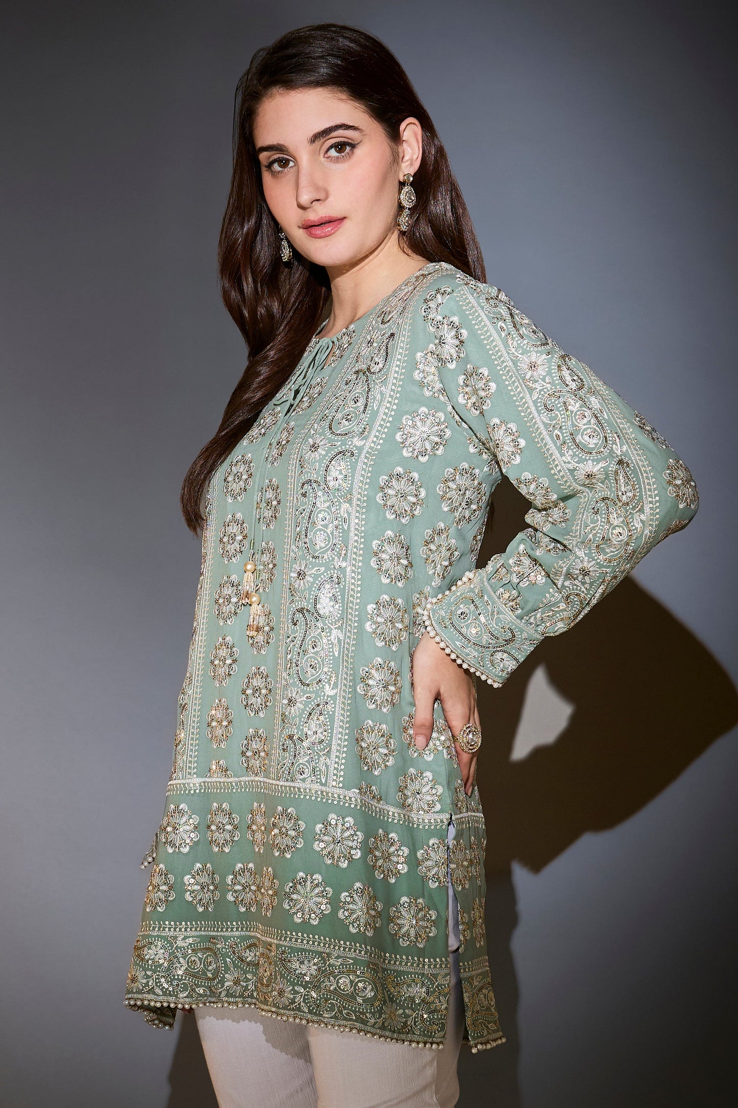 sage green chikankari tunic with sequins