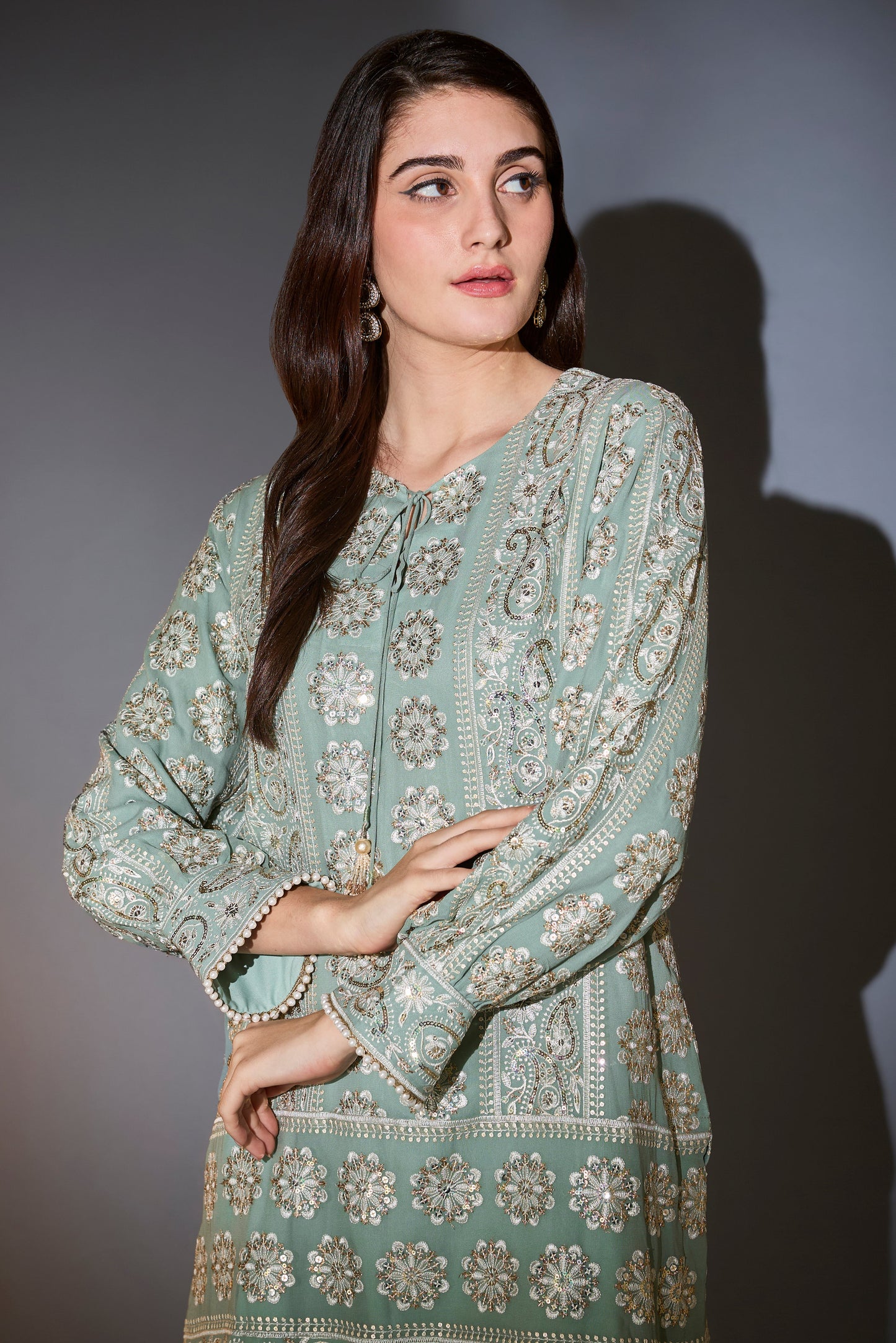sage green chikankari tunic with sequins