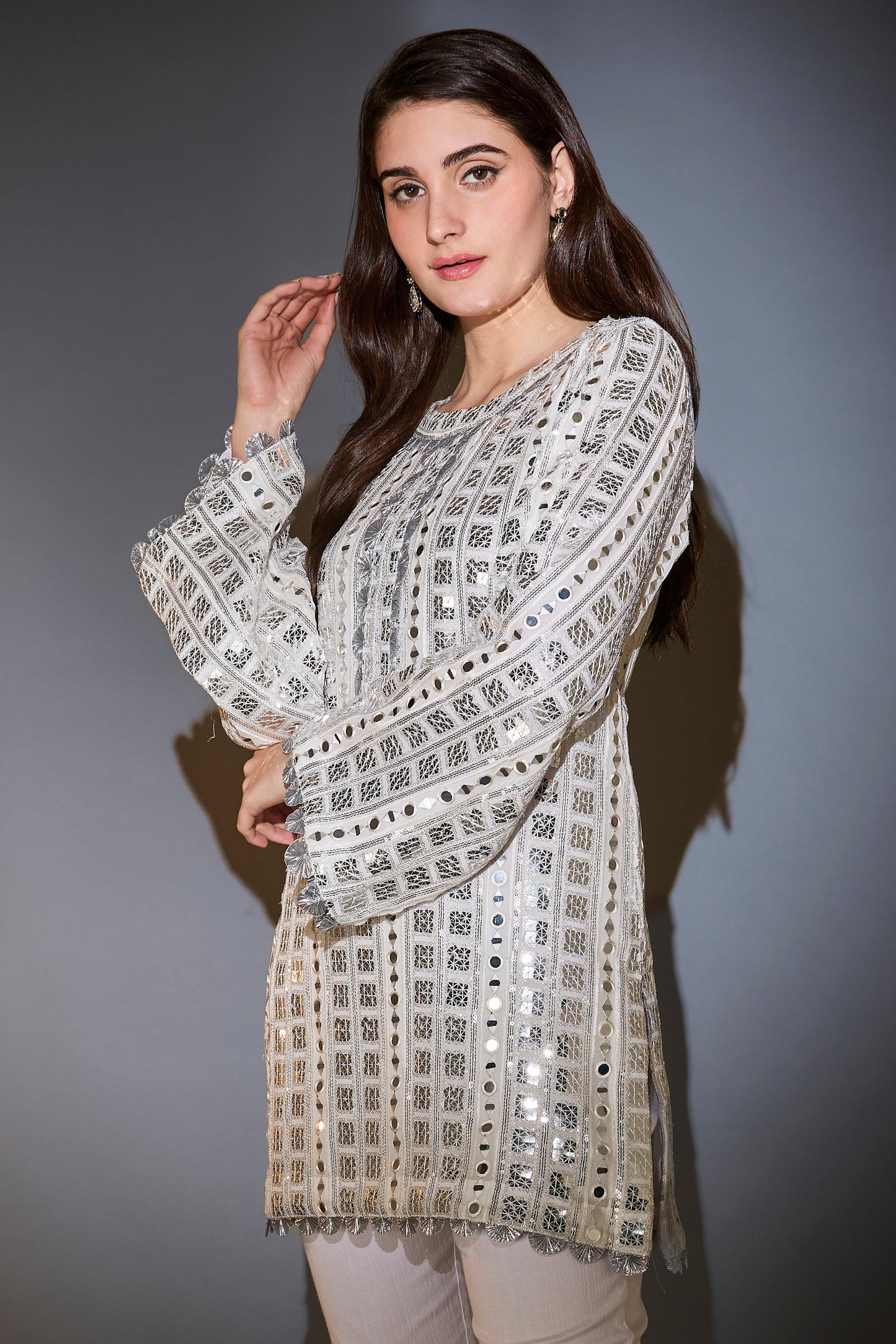 white heavy mirror work tunic