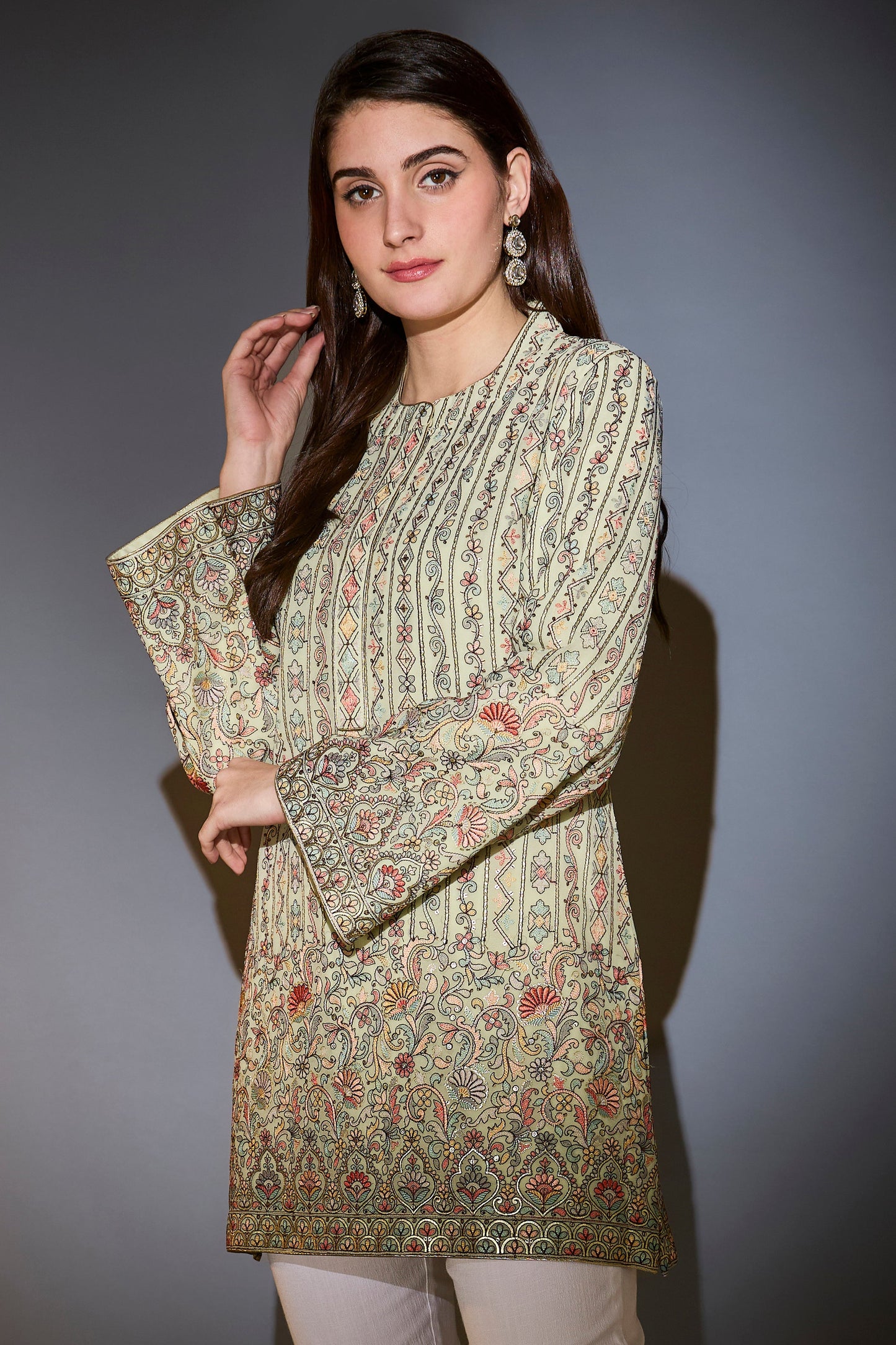 mint green tunic with multi thread embroidery