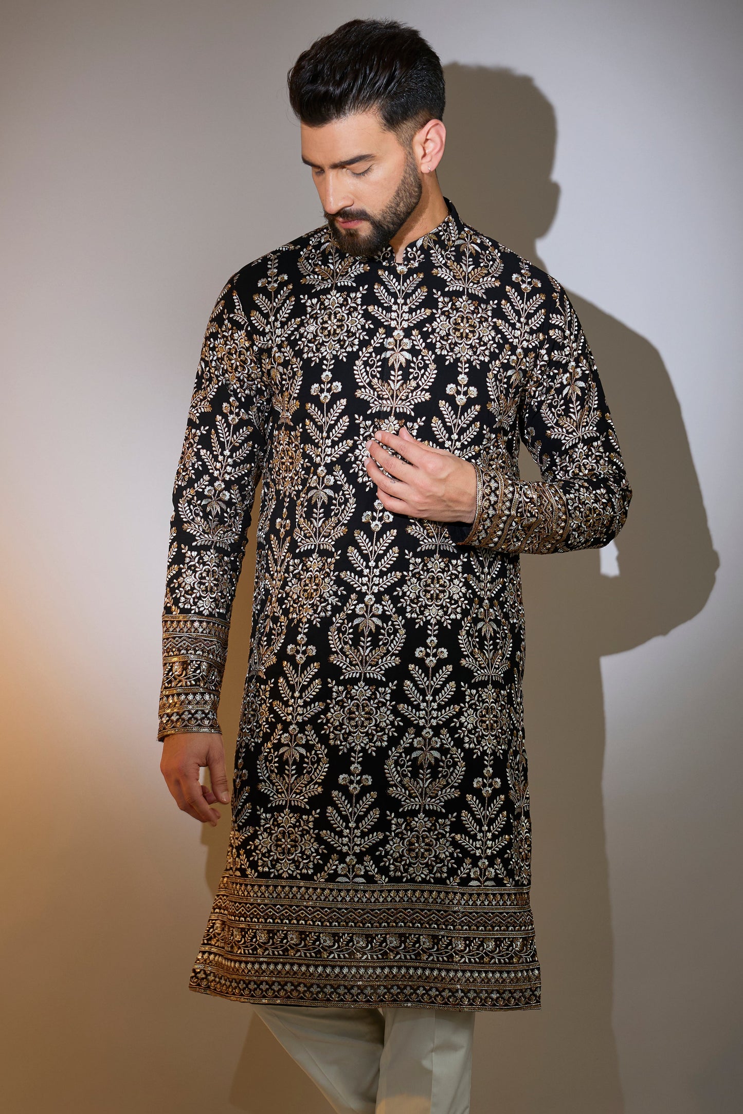 black thread work kurta with intricate zari embroidery