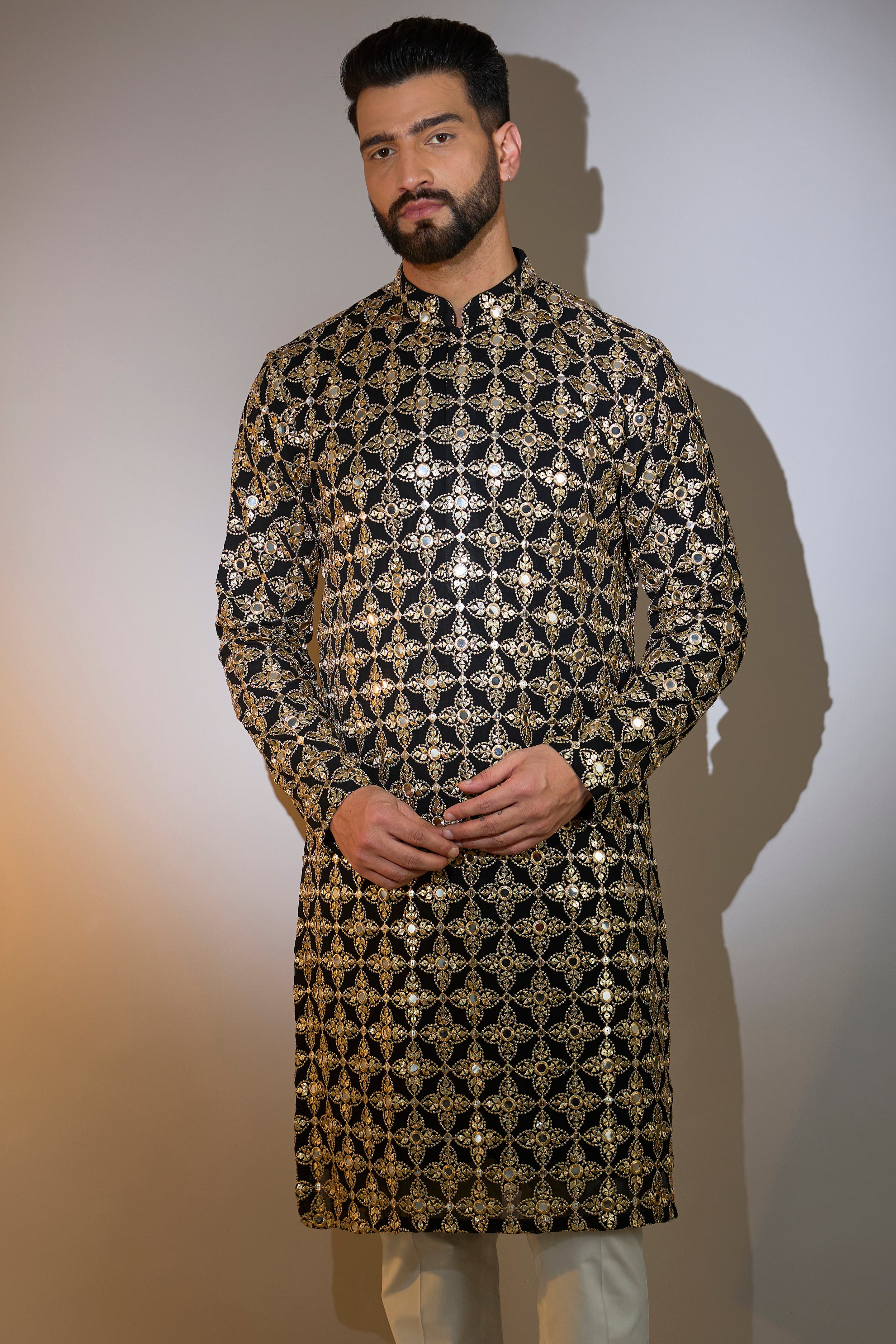 black mirror work kurta with heavy zari detailing