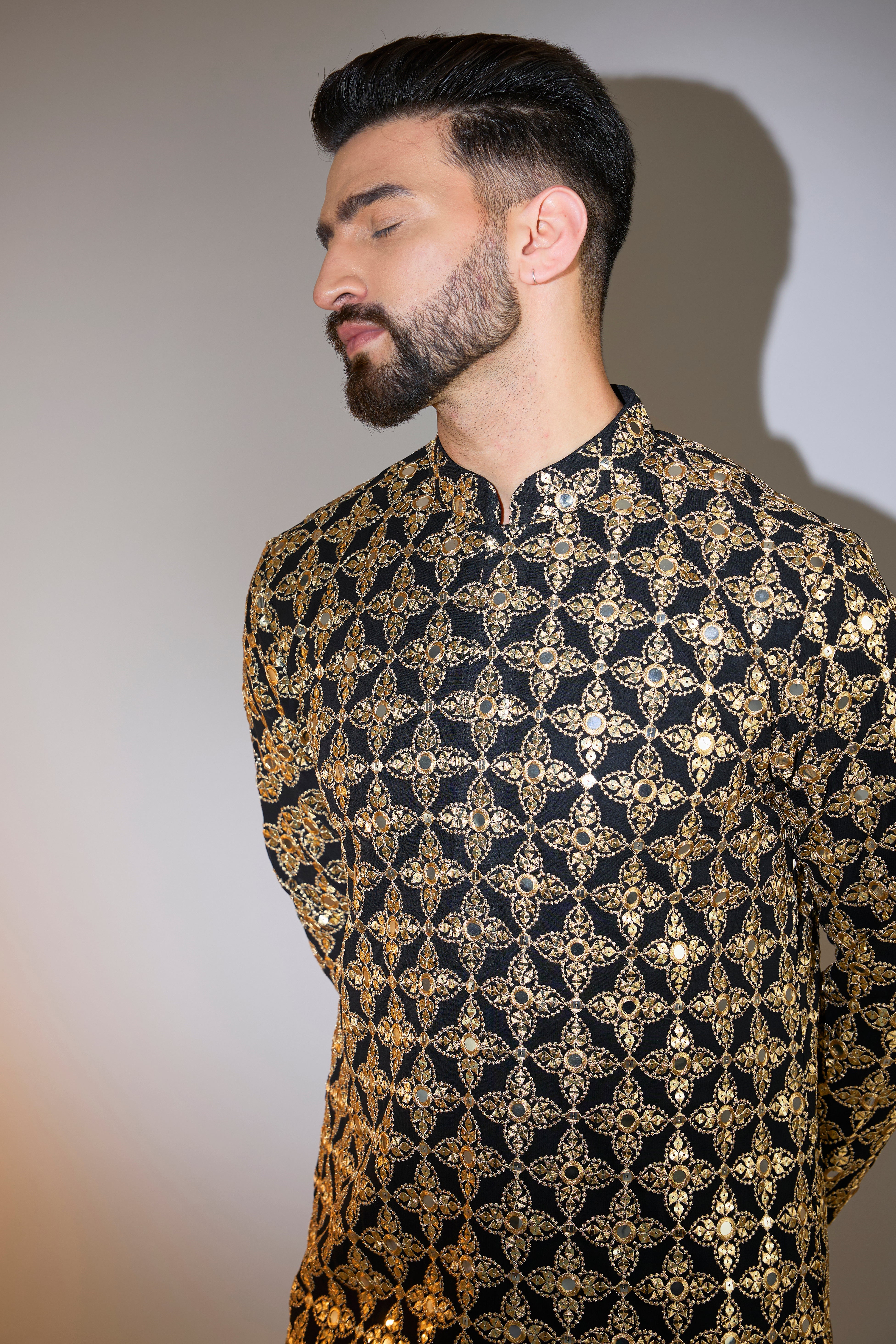 black mirror work kurta with heavy zari detailing