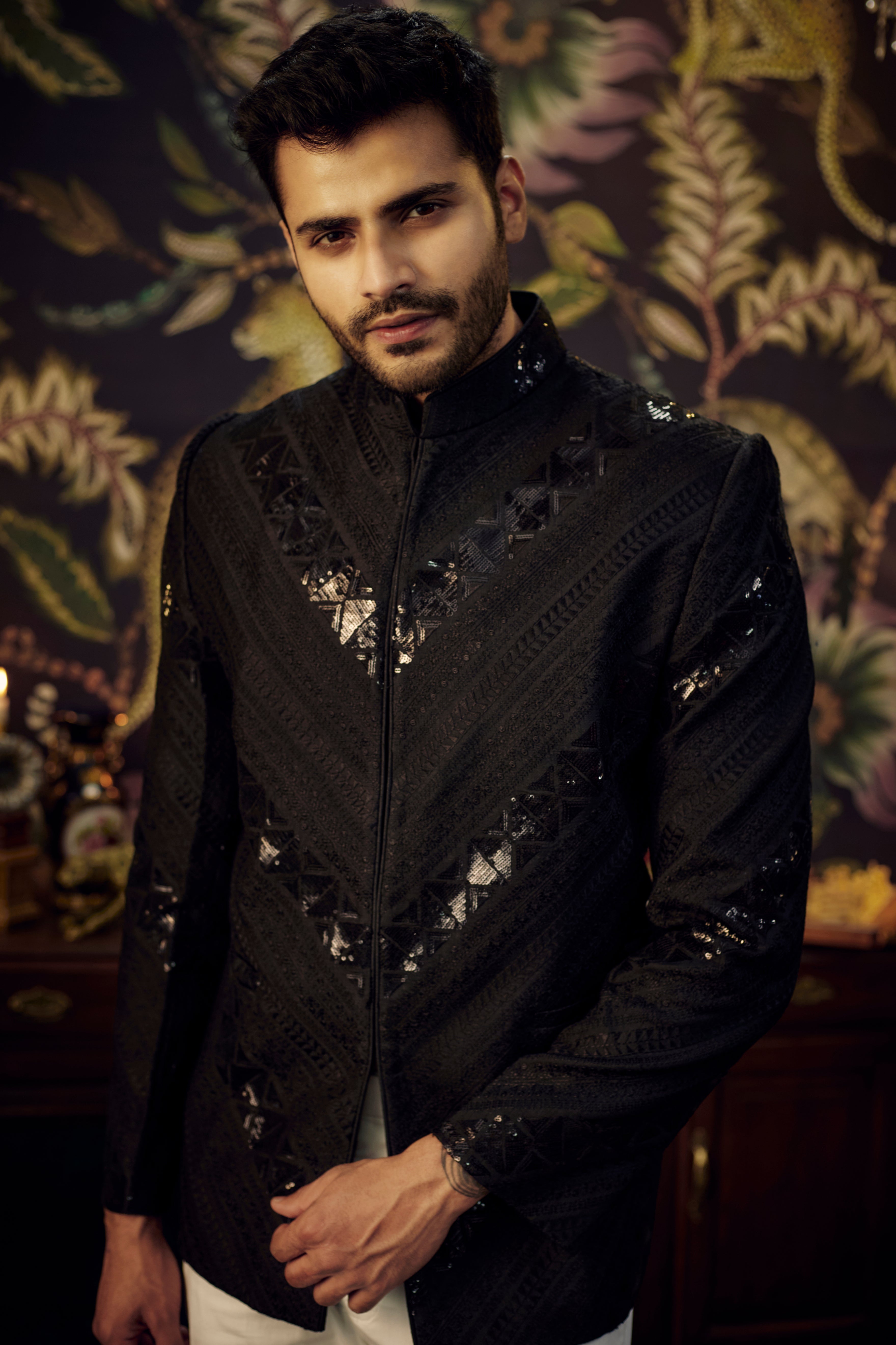Geometrically Alligned Black Heavily Sequined and Embroidered Bandhgala - kasbahmen