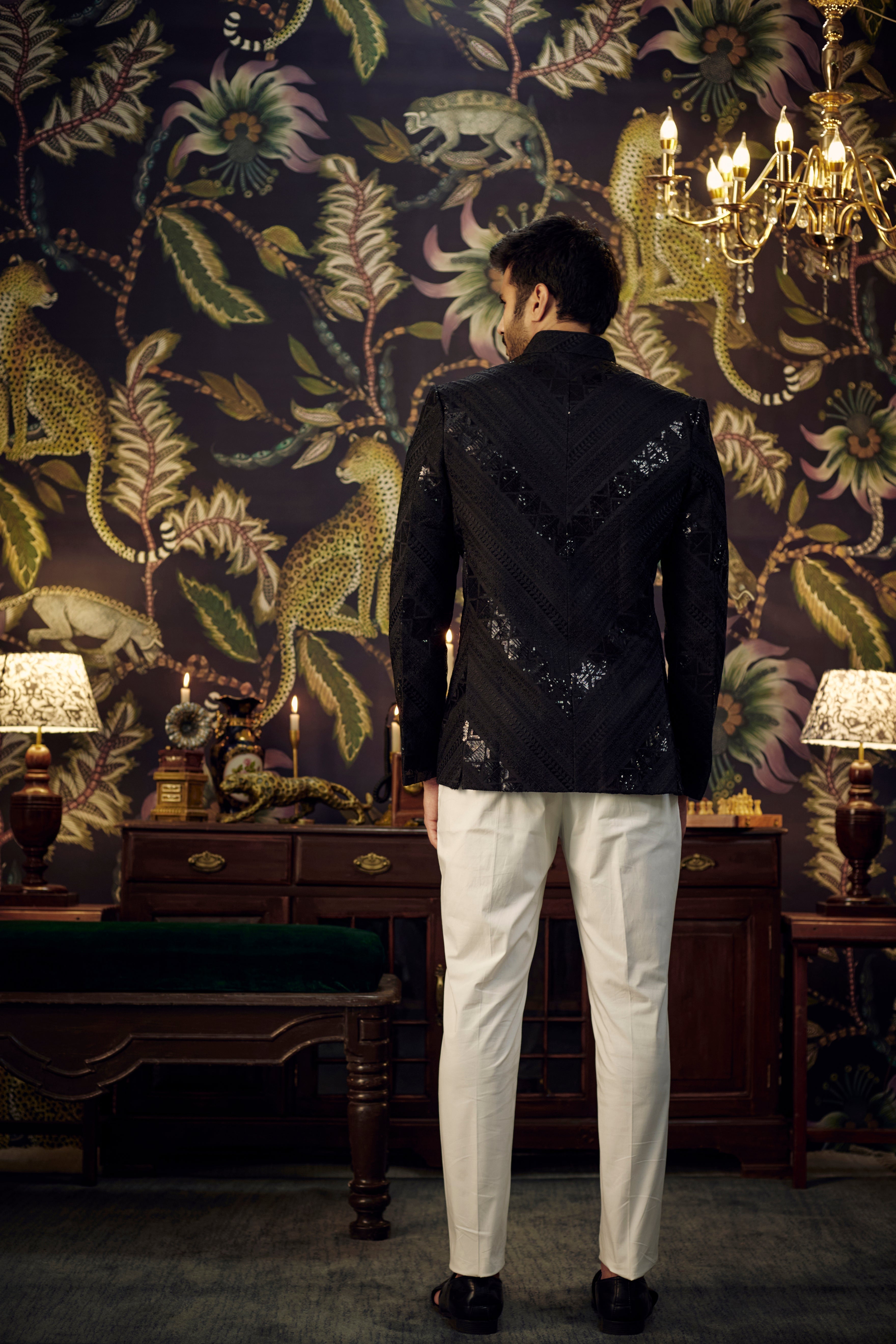 Geometrically Alligned Black Heavily Sequined and Embroidered Bandhgala - kasbahmen