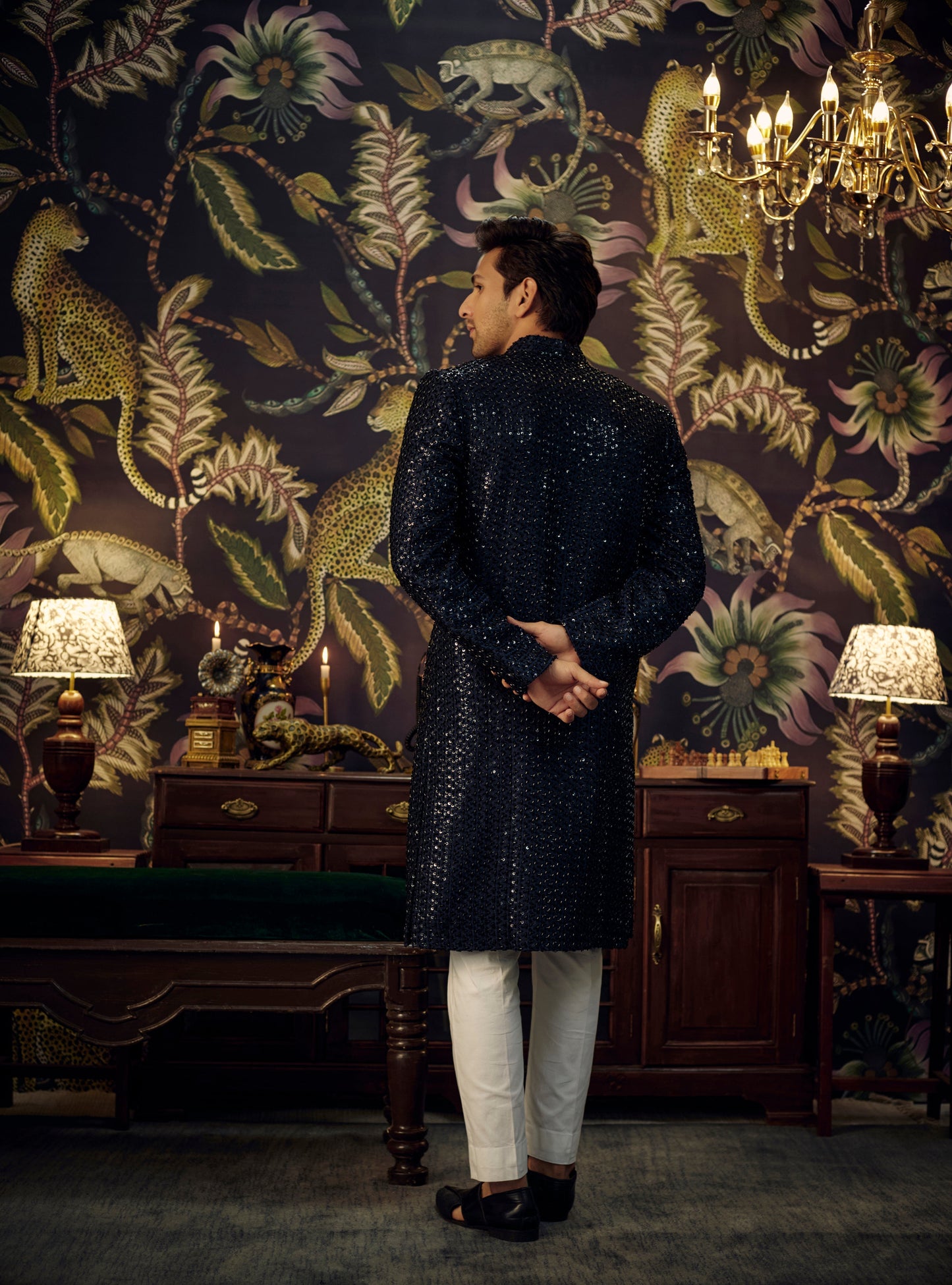 Navy Blue Long Indo Western with Black cut-dana - kasbahmen