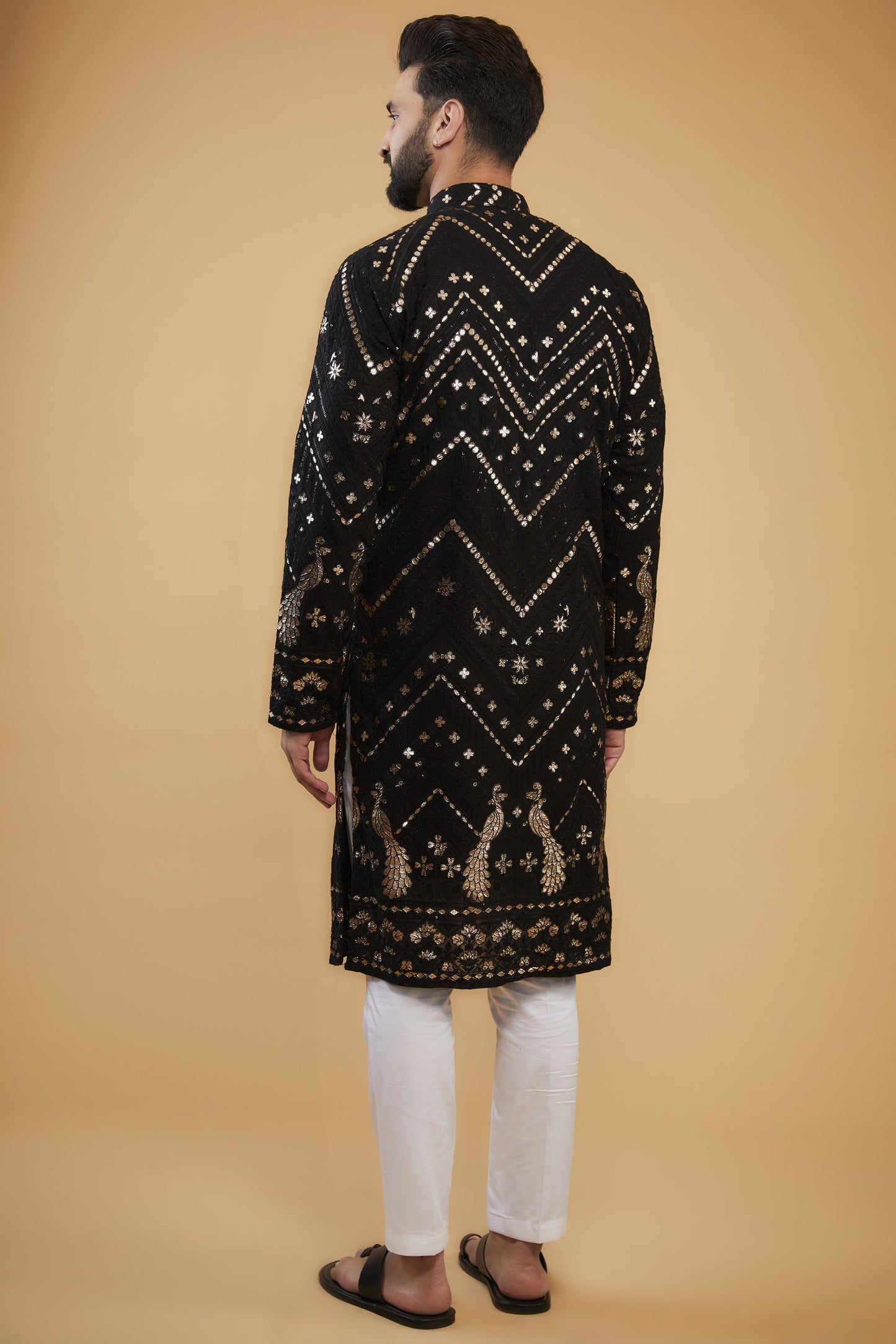 Black flora-fauna threadwork kurta with detailed leather patch-work. - kasbahmen