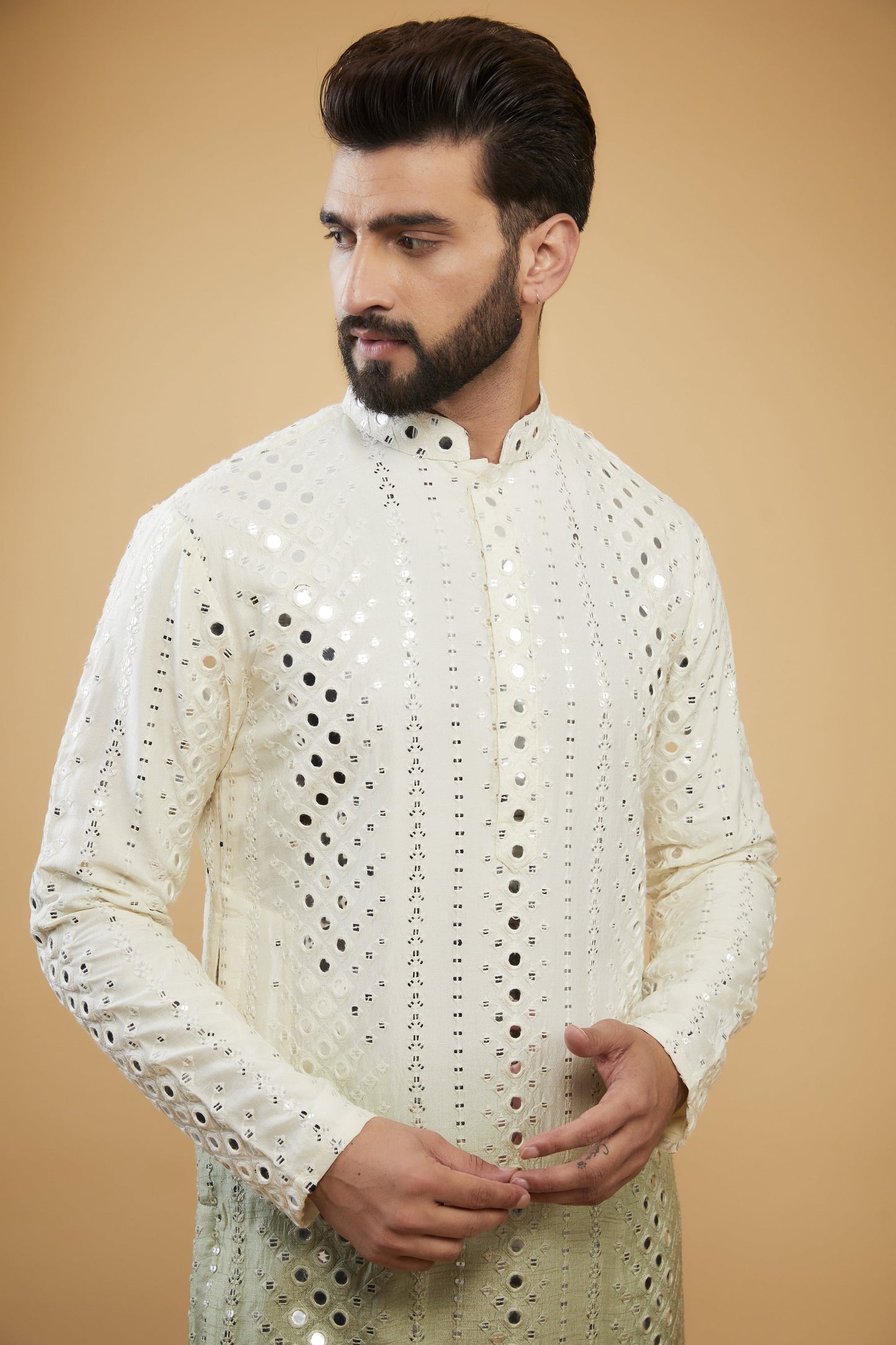 Cream to sage green ombre shaded mirror-work kurta - kasbahmen