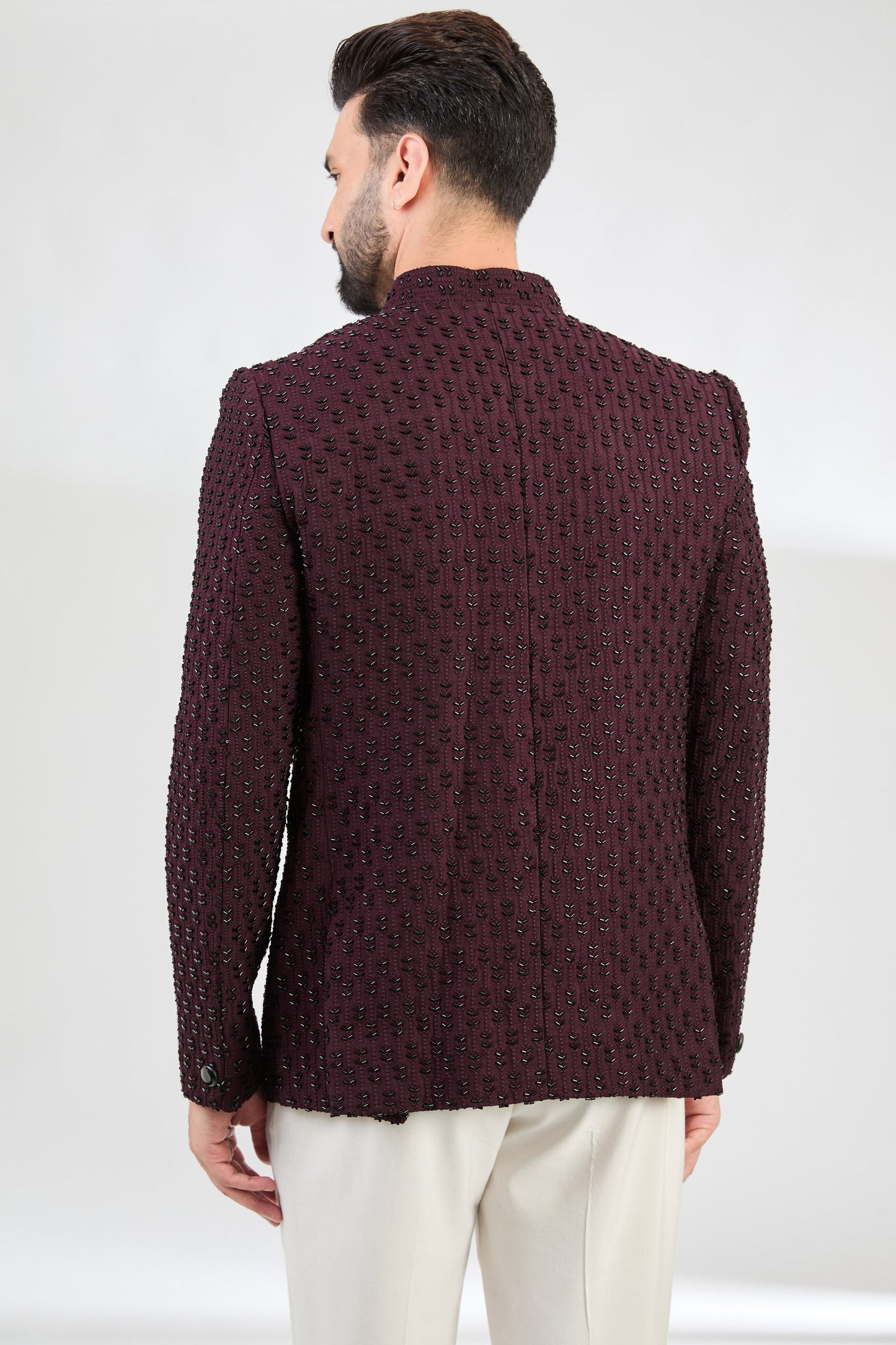 Signature Wine Bandhgala with detailed cut-dana embroidery. - kasbahmen
