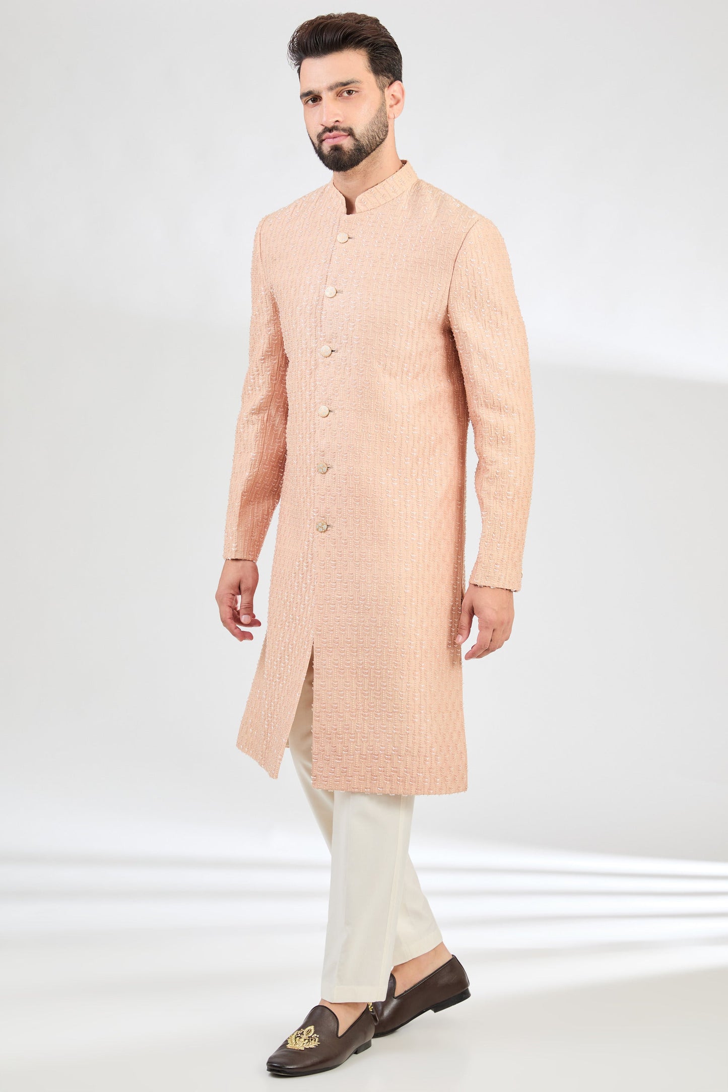 Light peach sherwani with detailed cut dana embroidery - kasbahmen