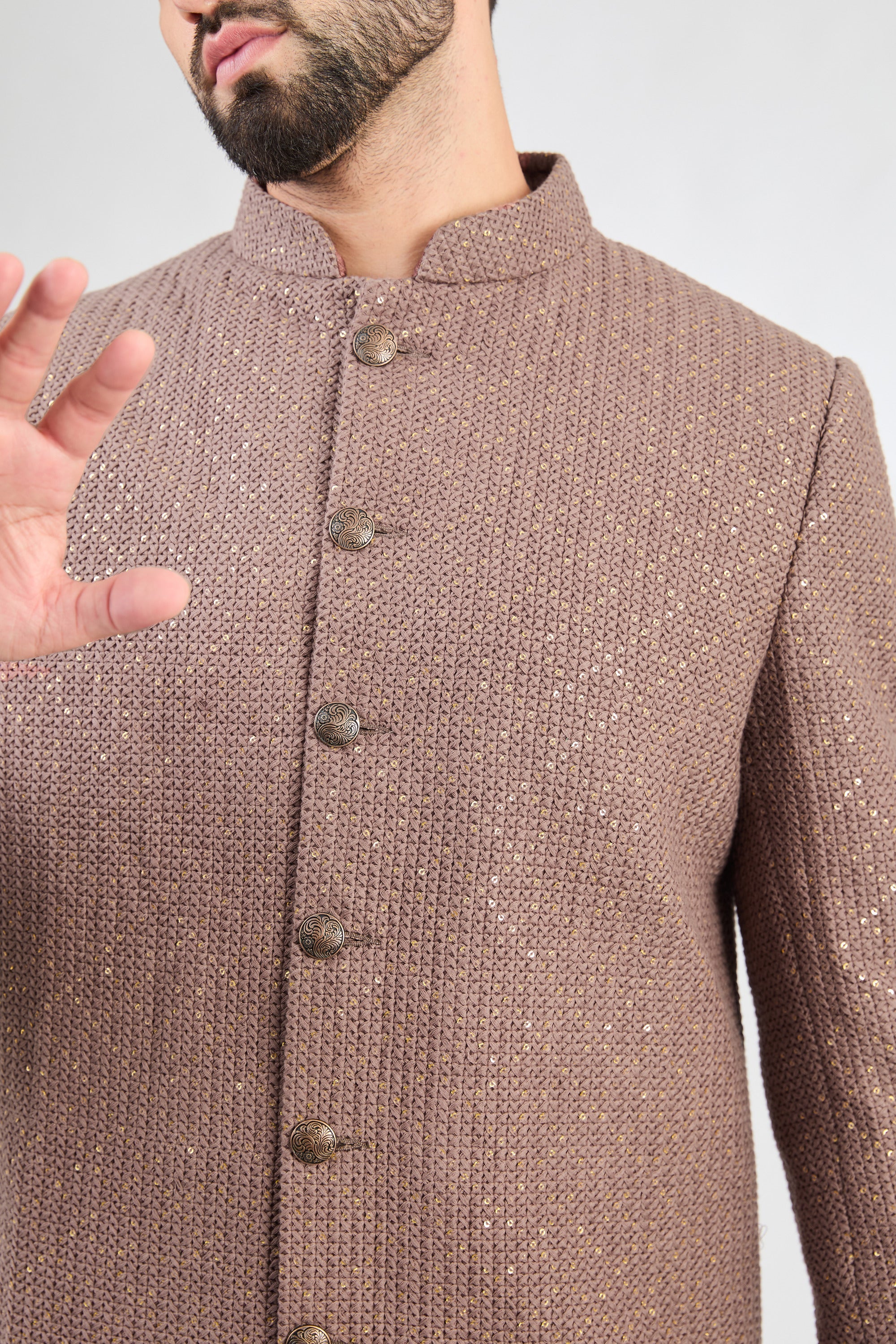 Mauve-taupe royal cut short sherwani. - kasbahmen