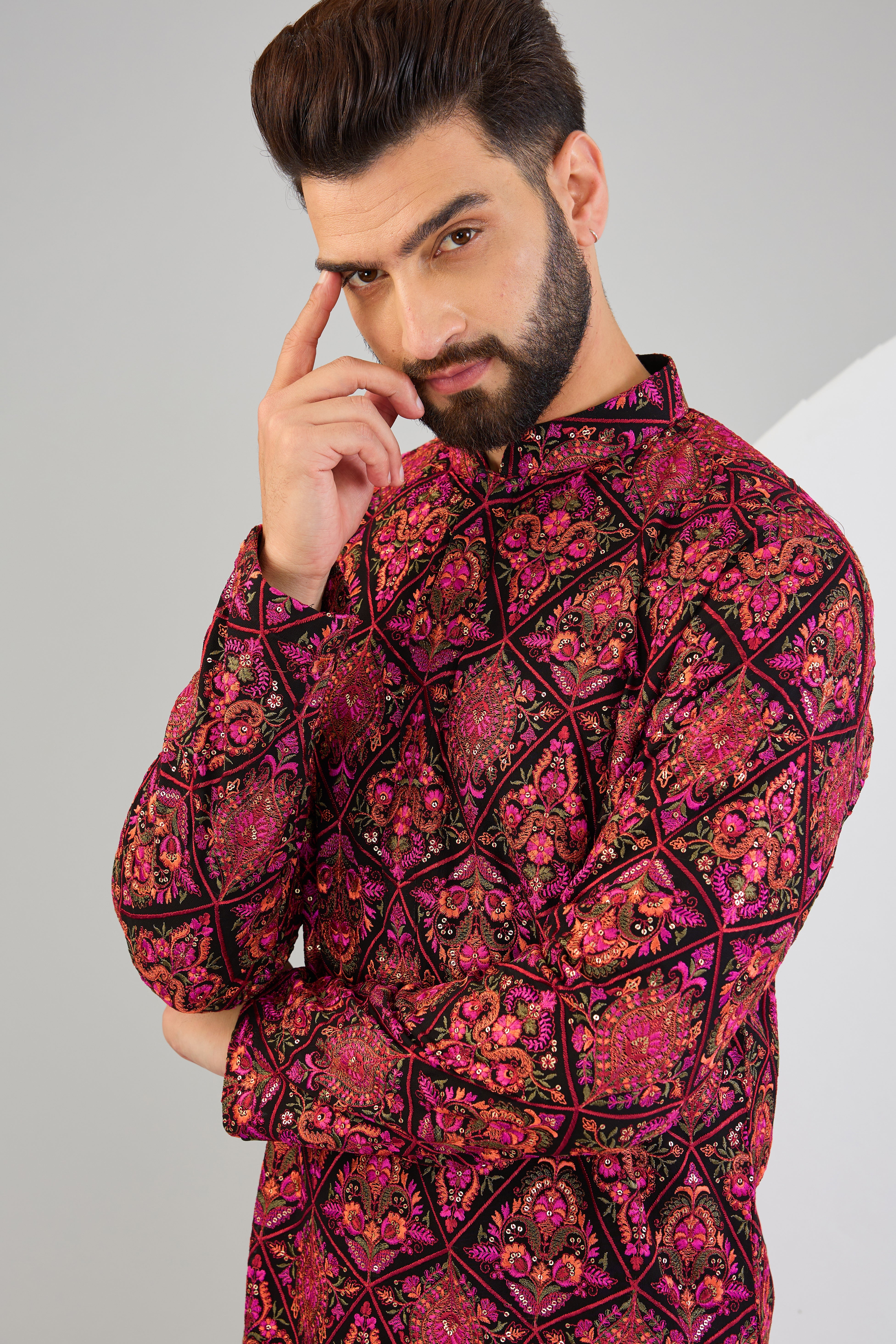Black and hot pink kashmiri embroidered chikankari kurta with multi-thread work - kasbahmen