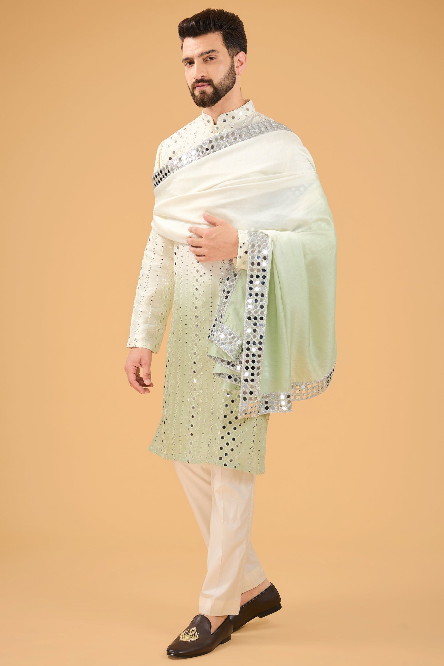 Cream-sage green ombre mirror-work kurta with mirror-work stole. - kasbahmen