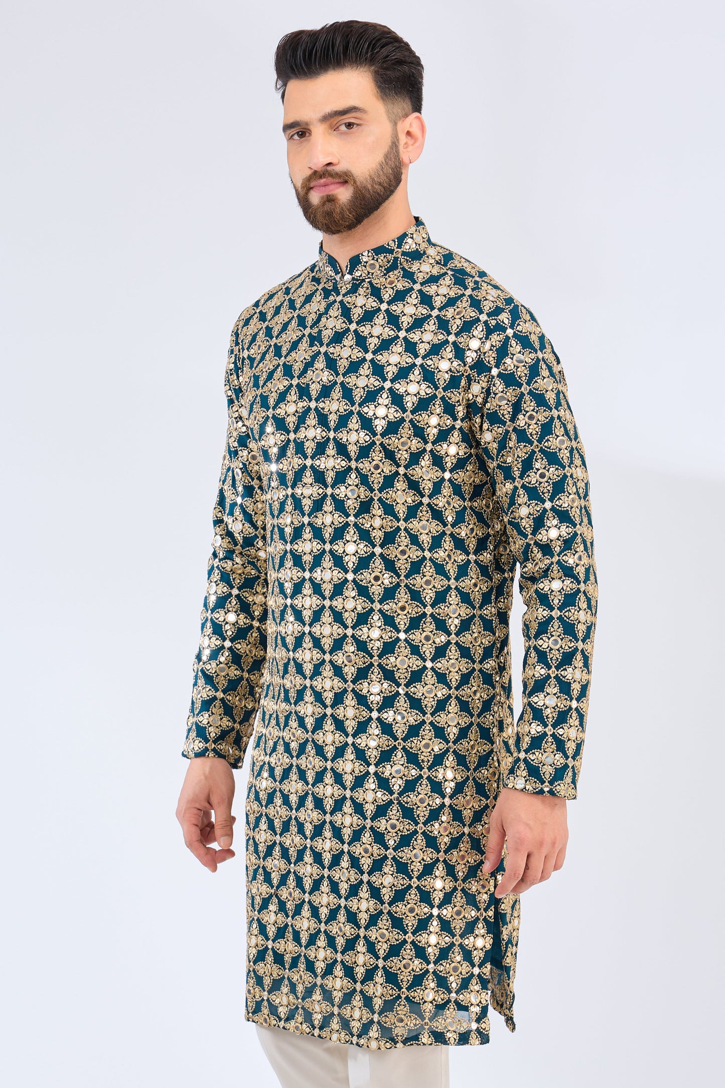 Teal mirror work kurta with zari embroidery - kasbahmen