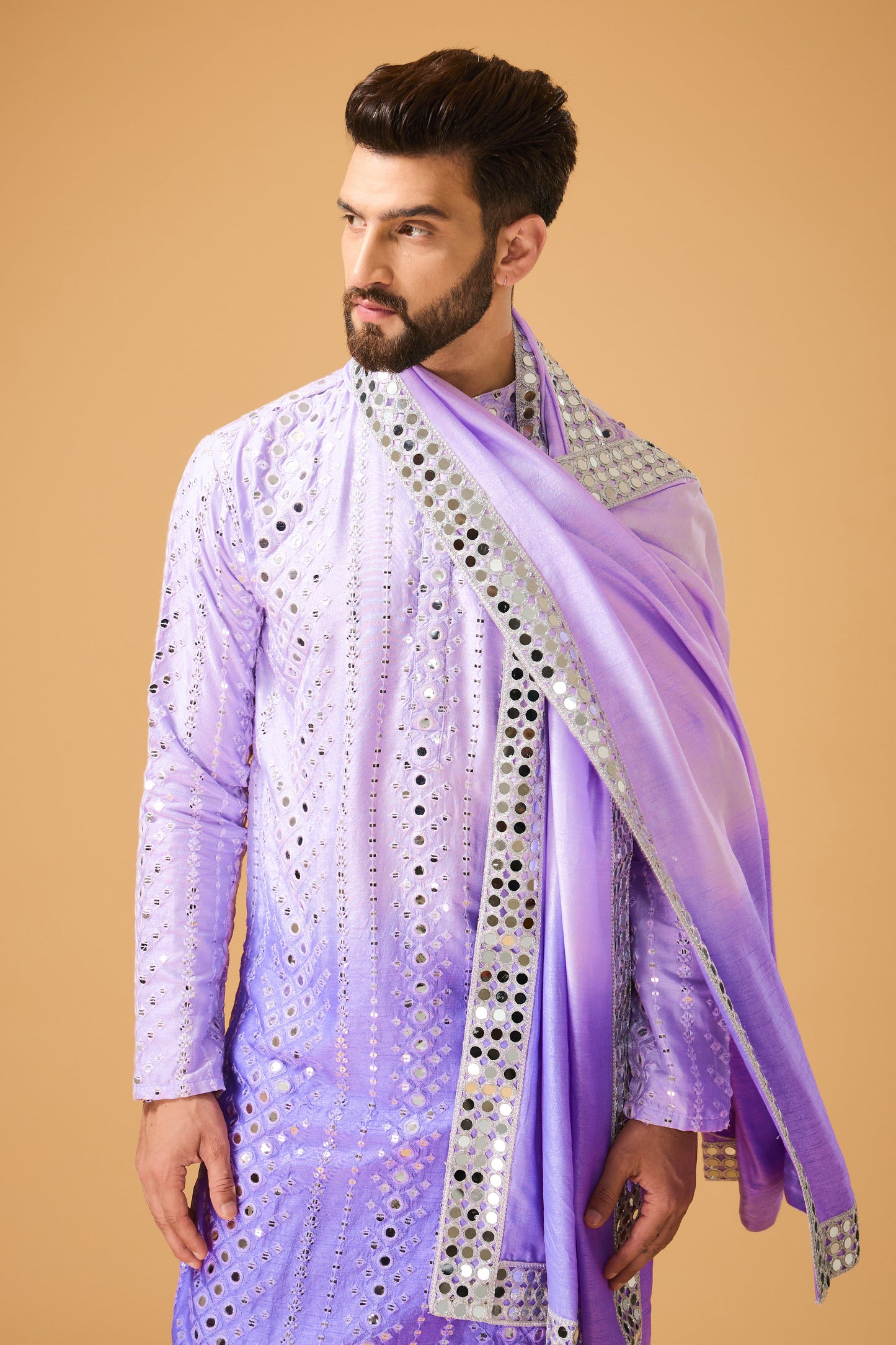 Purple ombre shaded mirror-work kurta with mirror-work stole. - kasbahmen