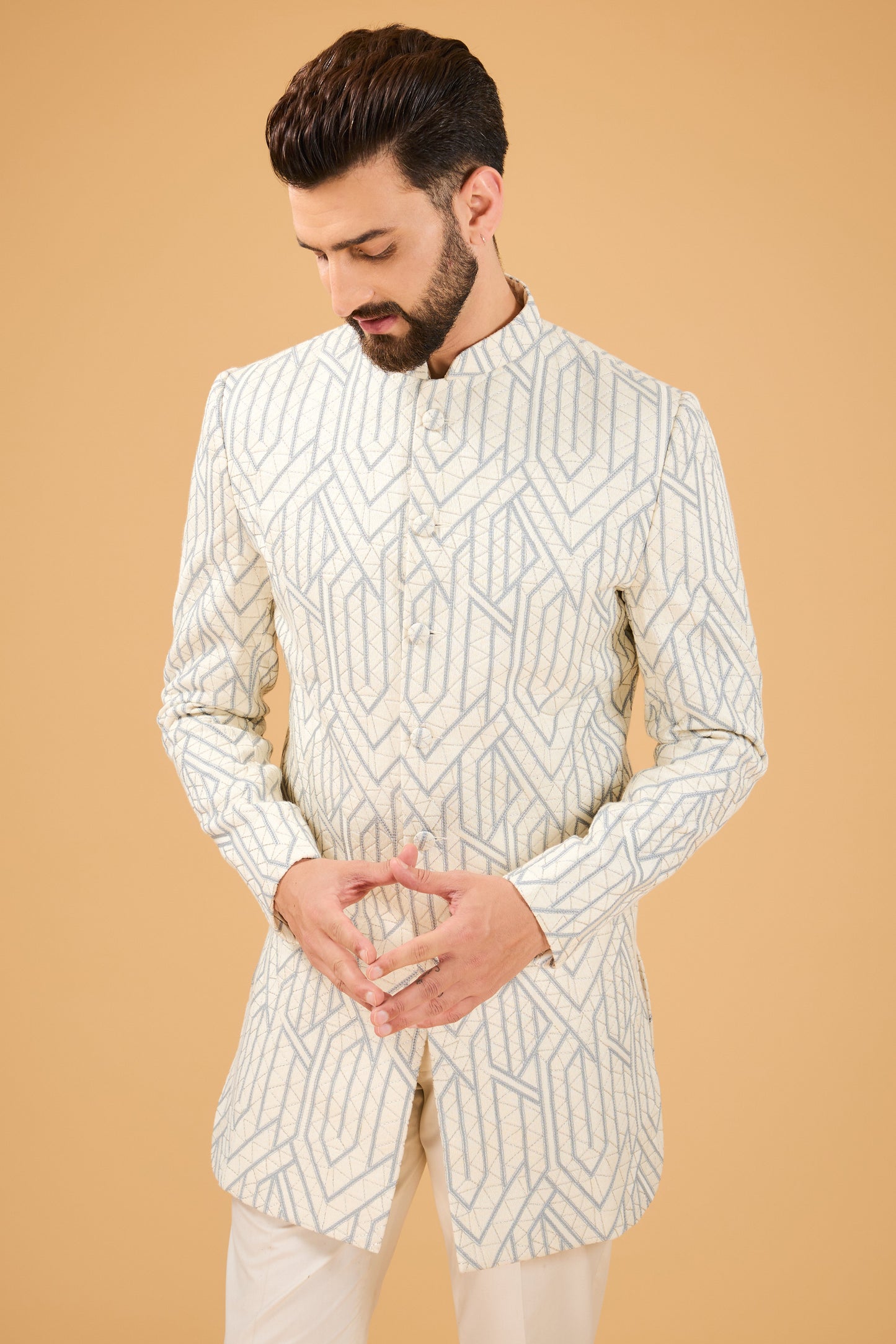 Blue and white geometrically embroidred indo western - kasbahmen