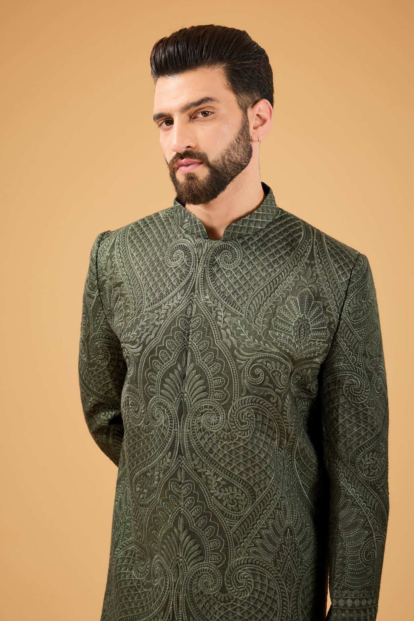 Military green kashmiri embroidered sherwani. - kasbahmen