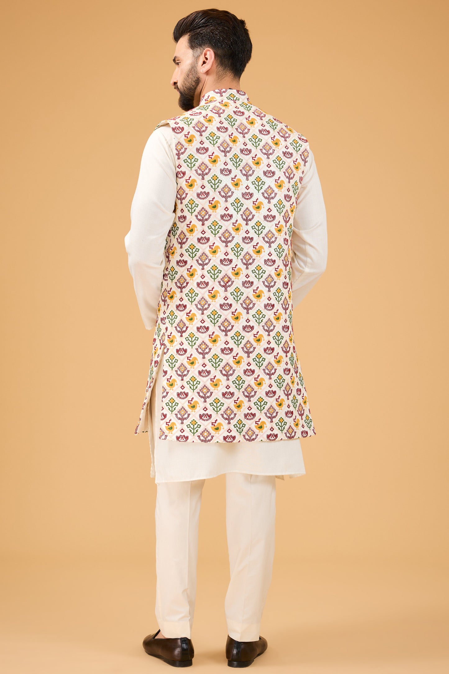 ivory long open shrug with with intricate phulkari embroidery - kasbahmen