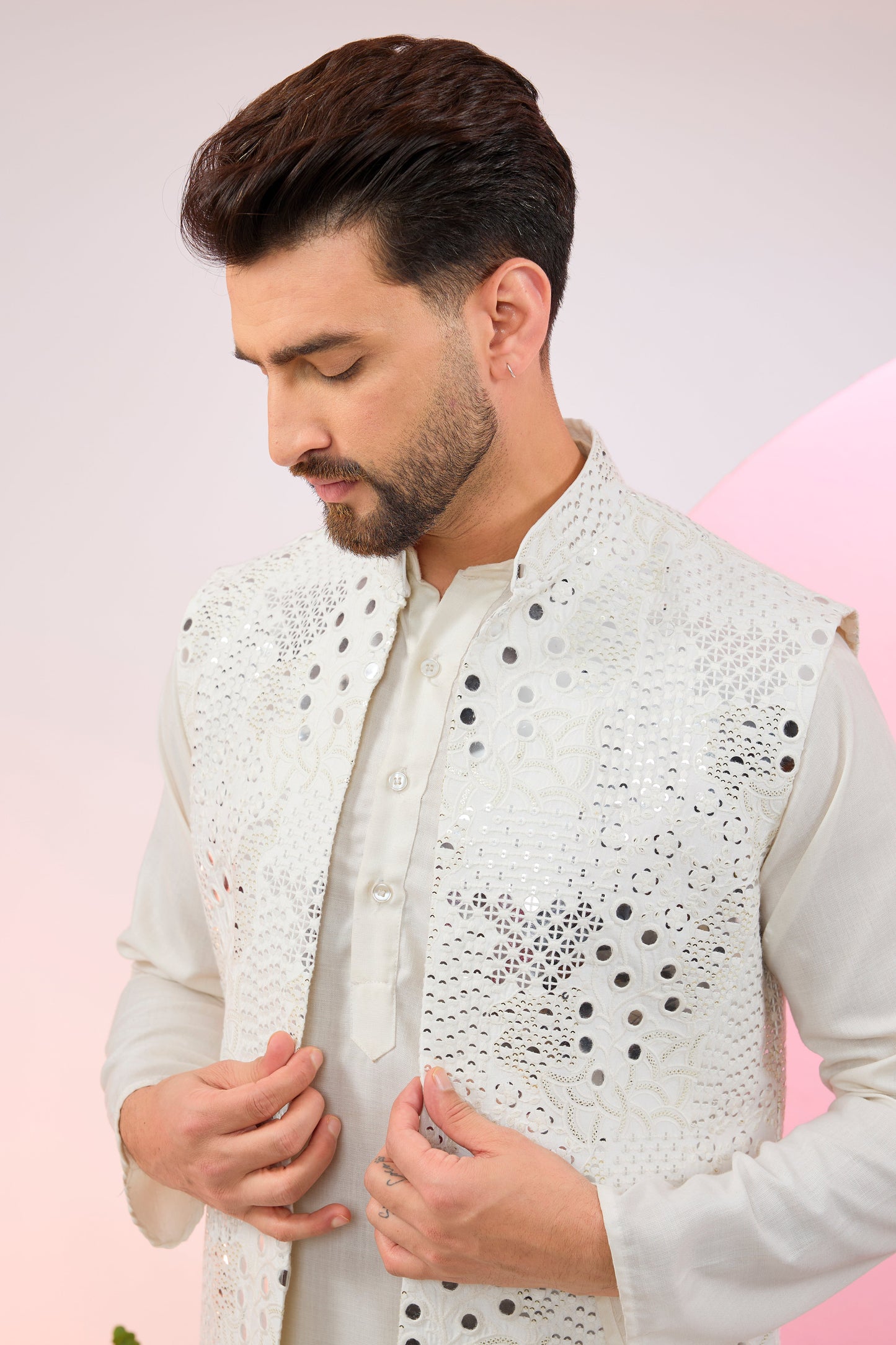 white short nehru jacket with detailed mirror work