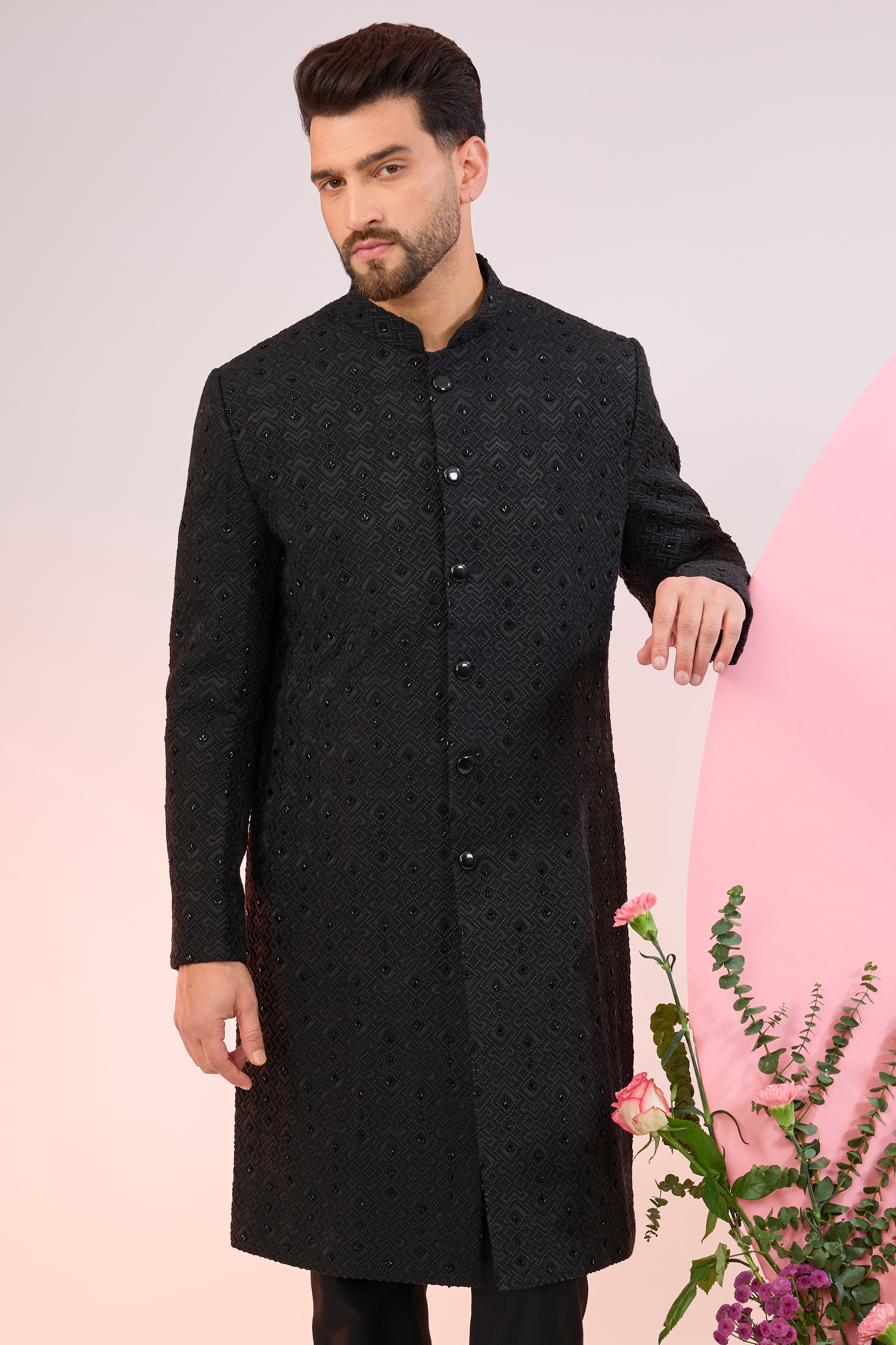 black geometrically embroidered sherwani with delicate cut dana work