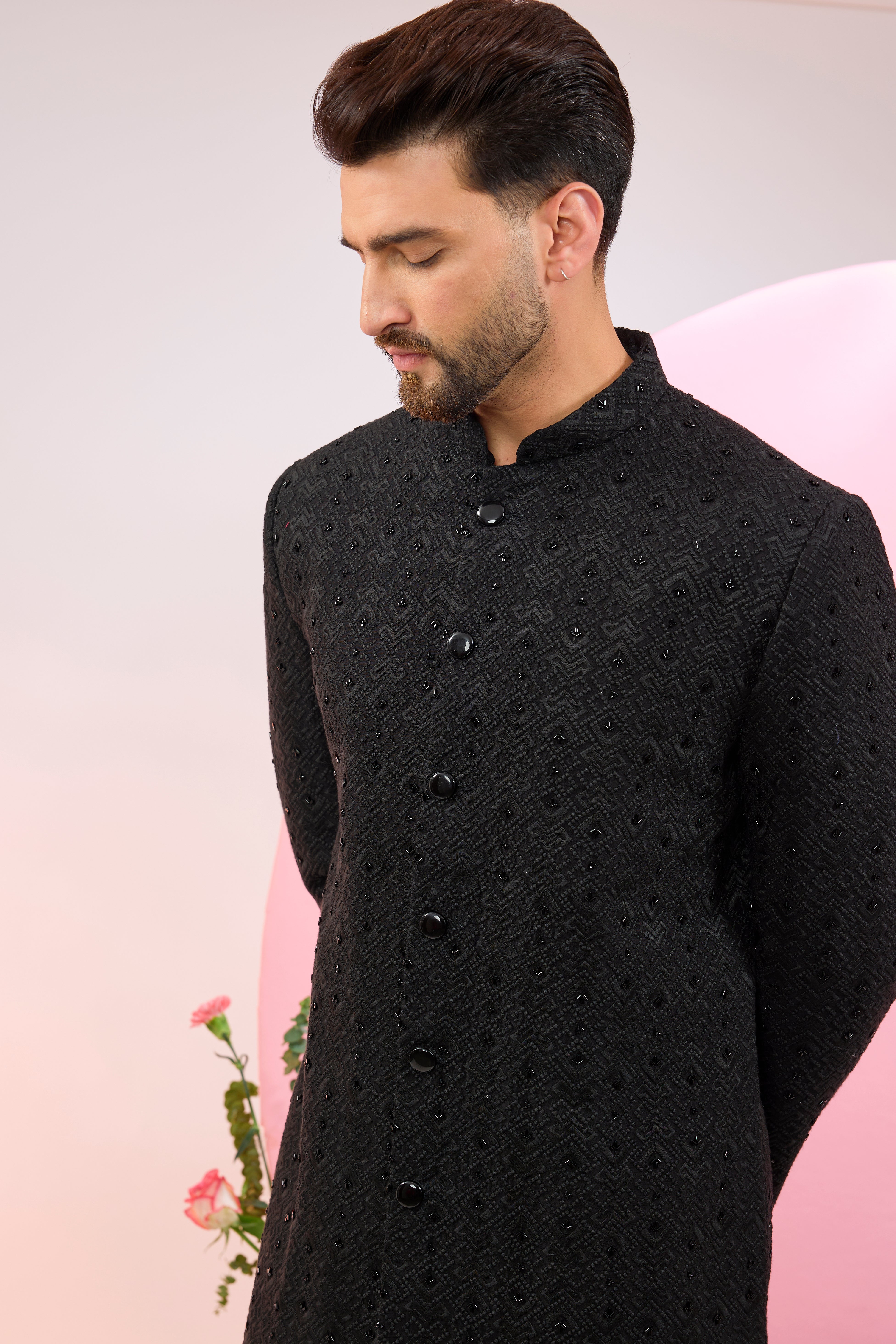 black geometrically embroidered sherwani with delicate cut dana work