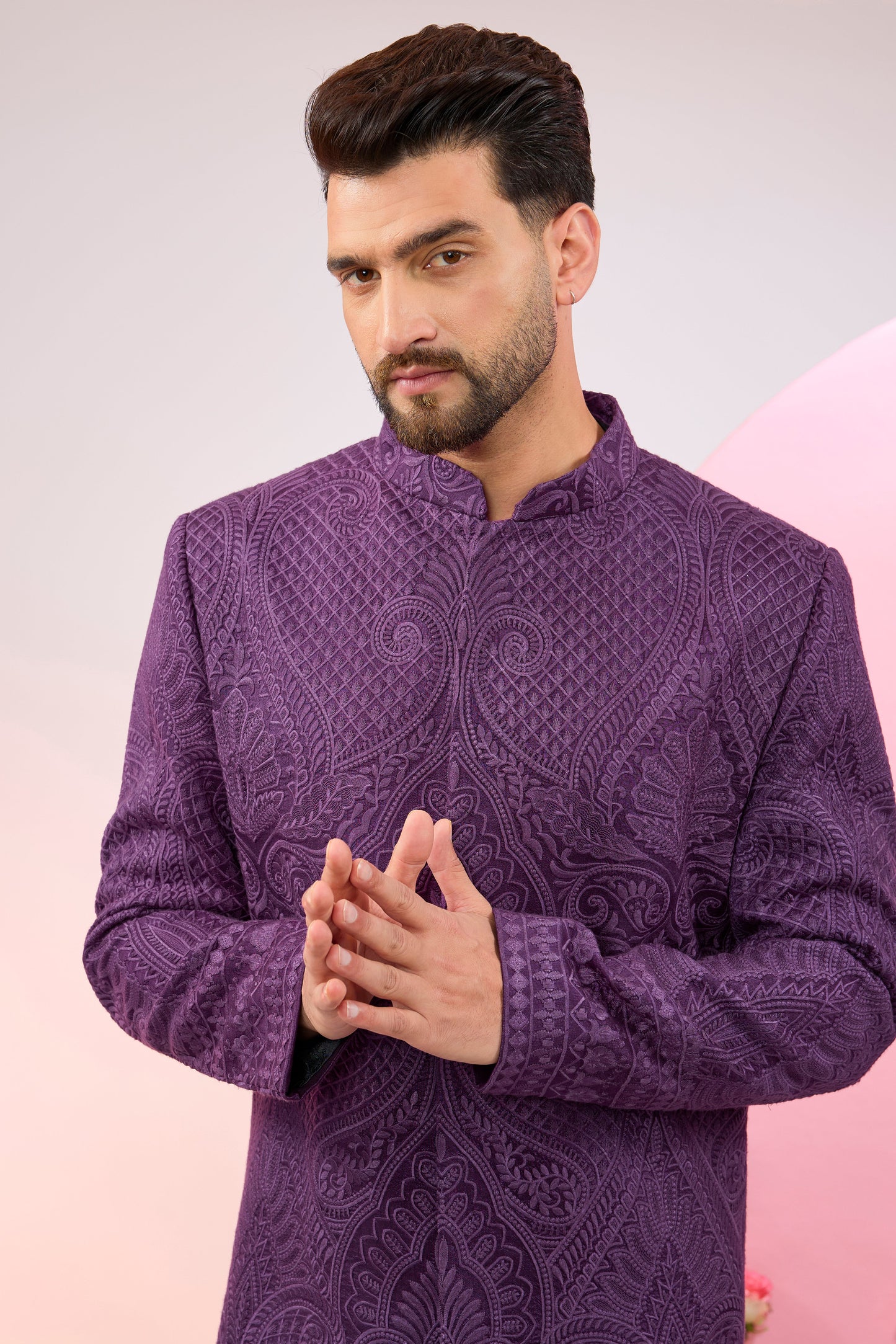 purple kashmiri embroideried sherwani with intricate thread work