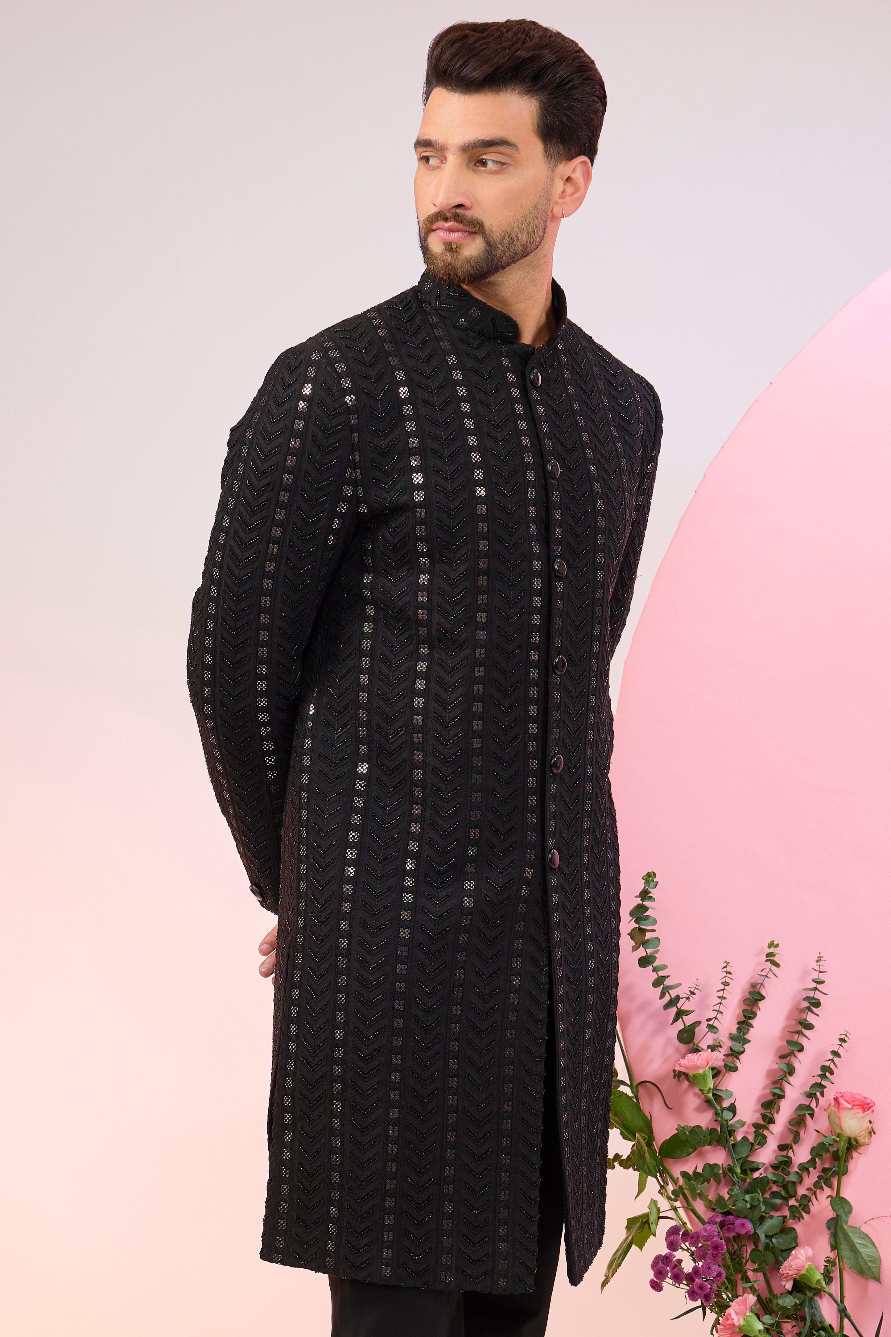 black geometrically embroidered sherwani with delicate cut dana and sequin work