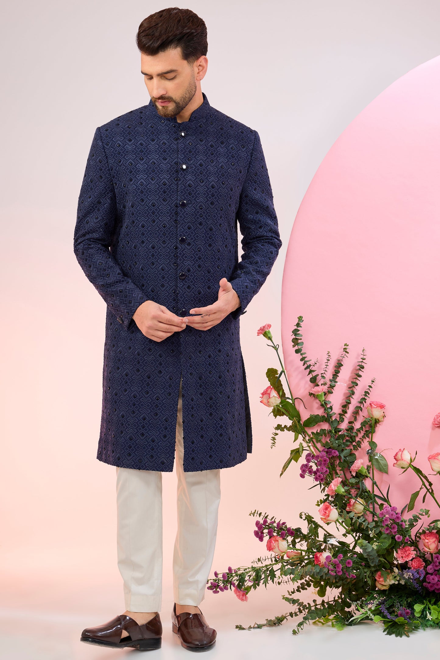 navy blue geometrically embroidered sherwani with delicate cut dana work