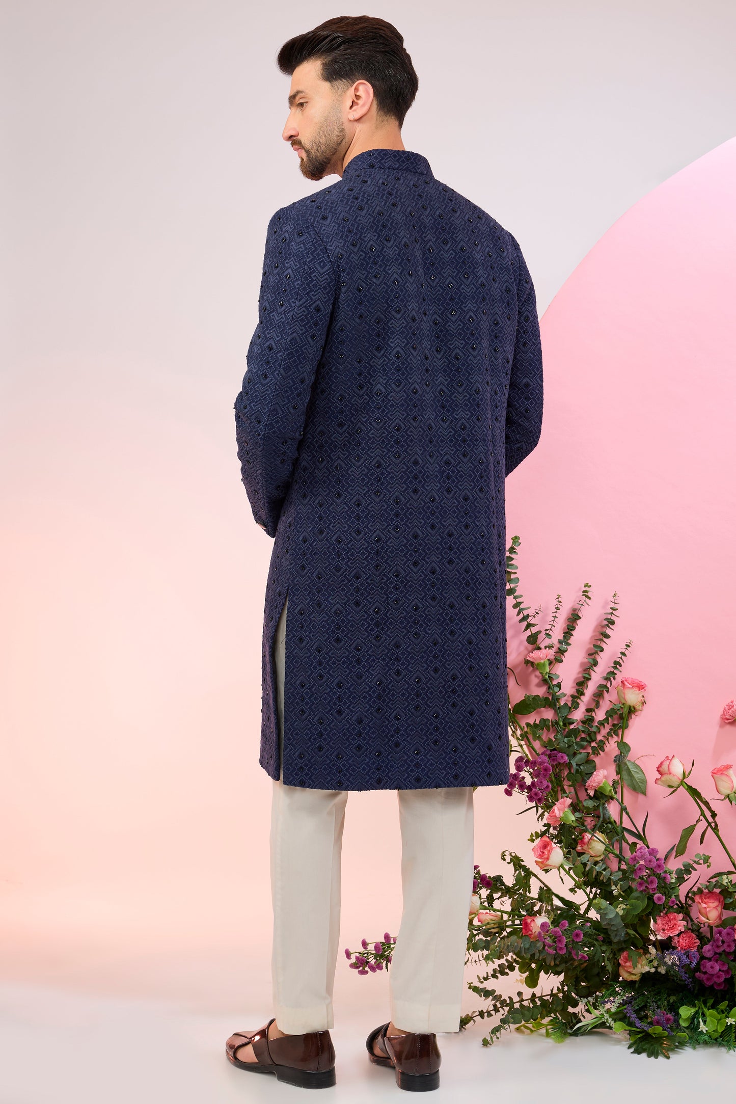 navy blue geometrically embroidered sherwani with delicate cut dana work