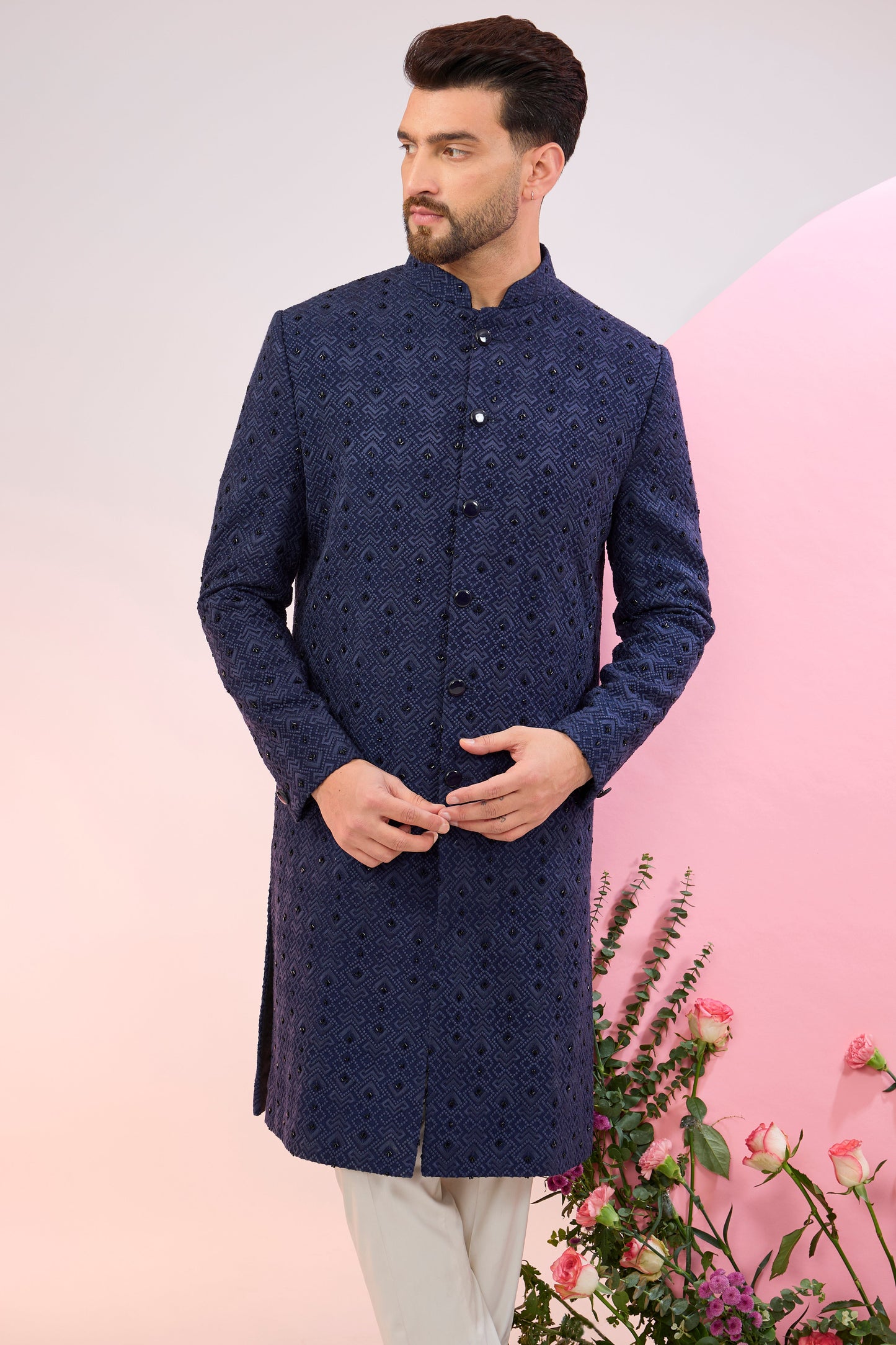 navy blue geometrically embroidered sherwani with delicate cut dana work