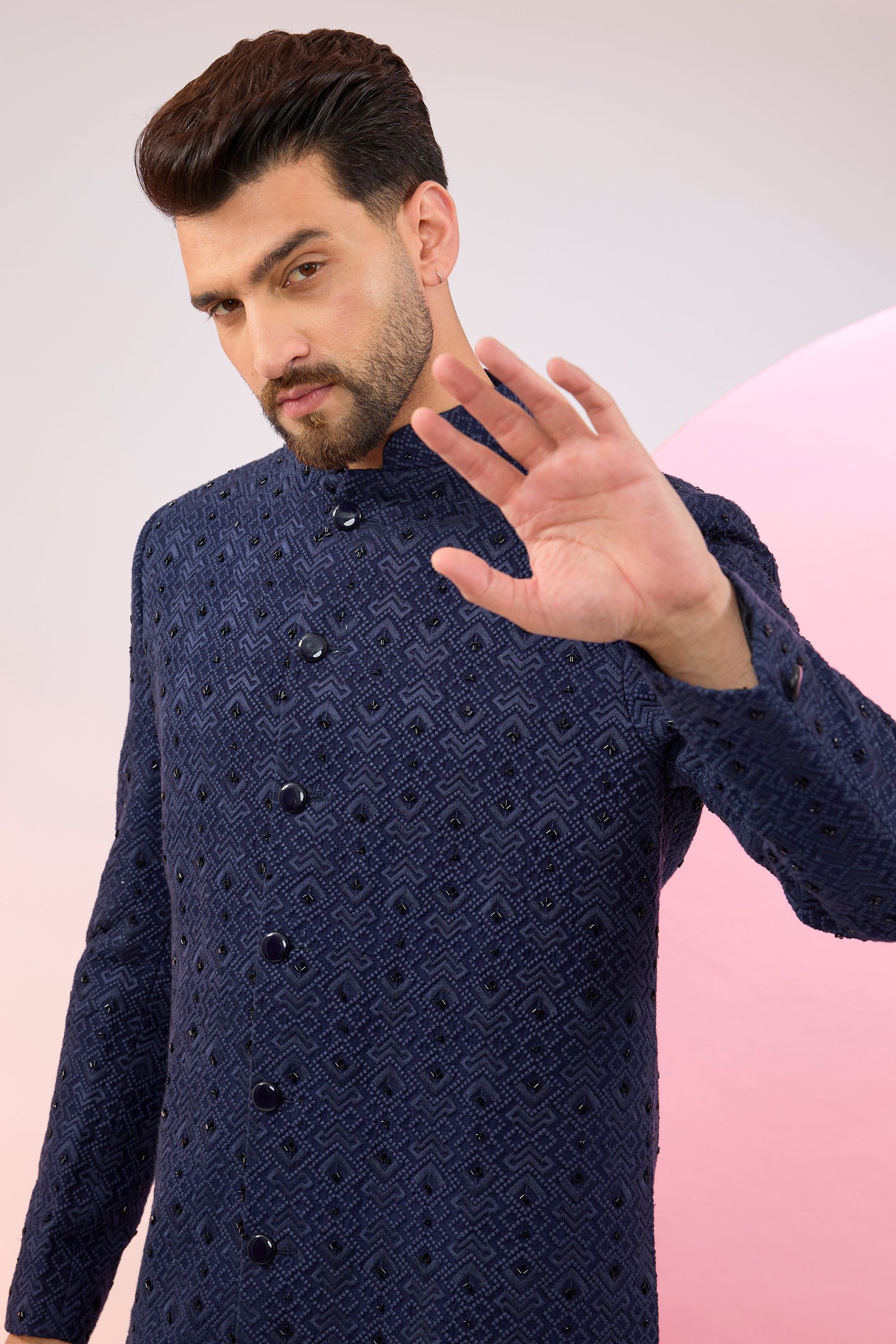 navy blue geometrically embroidered sherwani with delicate cut dana work