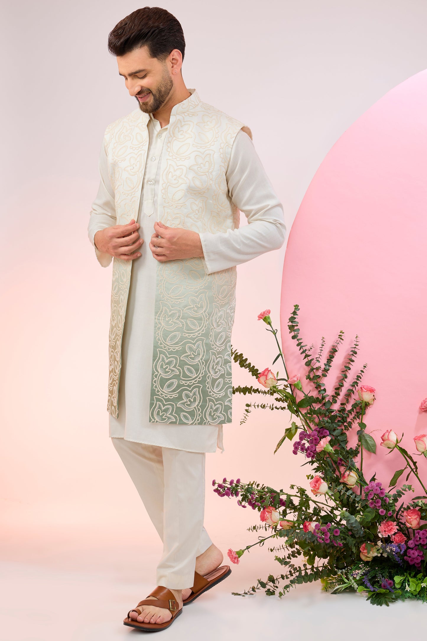cream green ombre shaded long open shrug