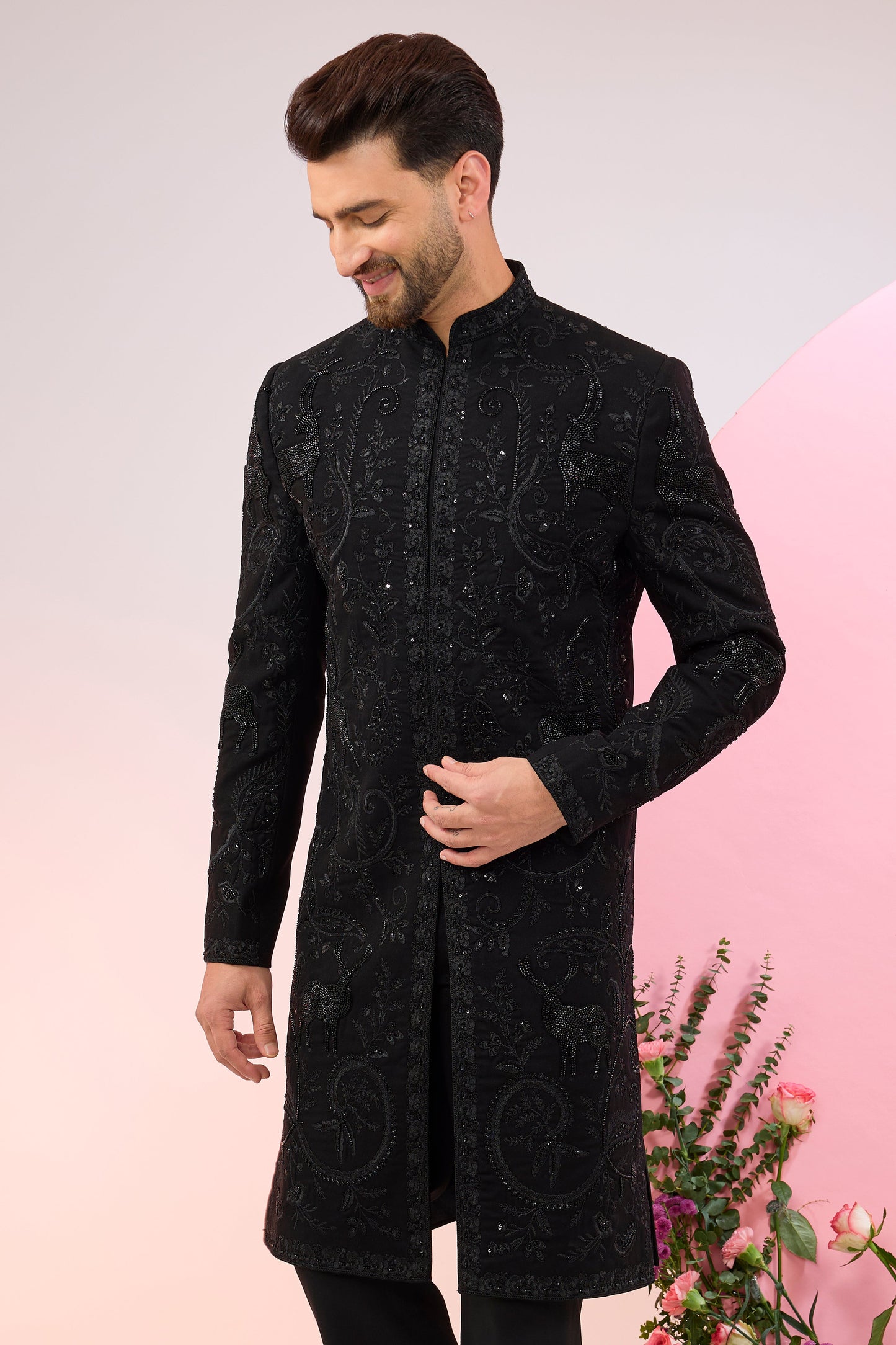 black hand embroidered cut dana sherwani with flora and fauna motifs