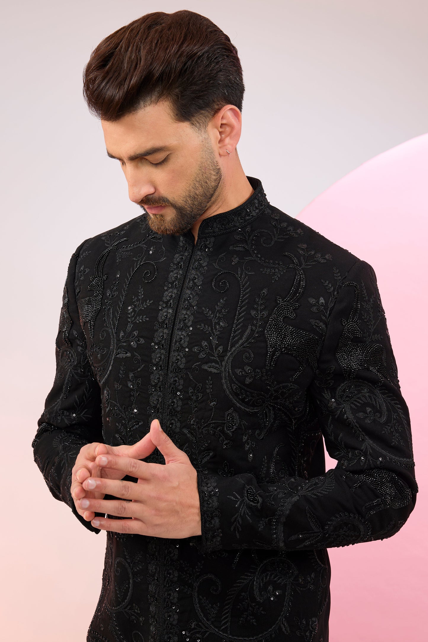 black hand embroidered cut dana sherwani with flora and fauna motifs