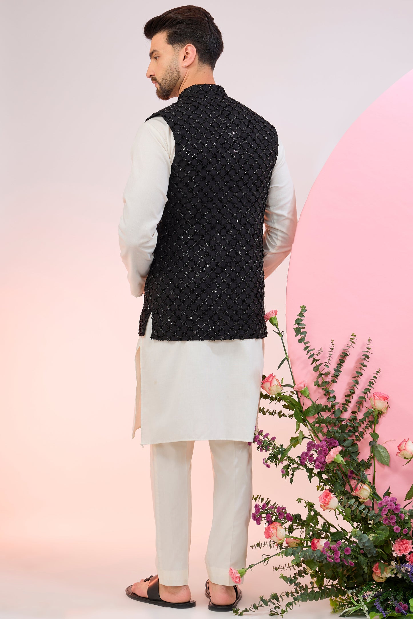 black nehru jacket with heavy cut dana embroidery