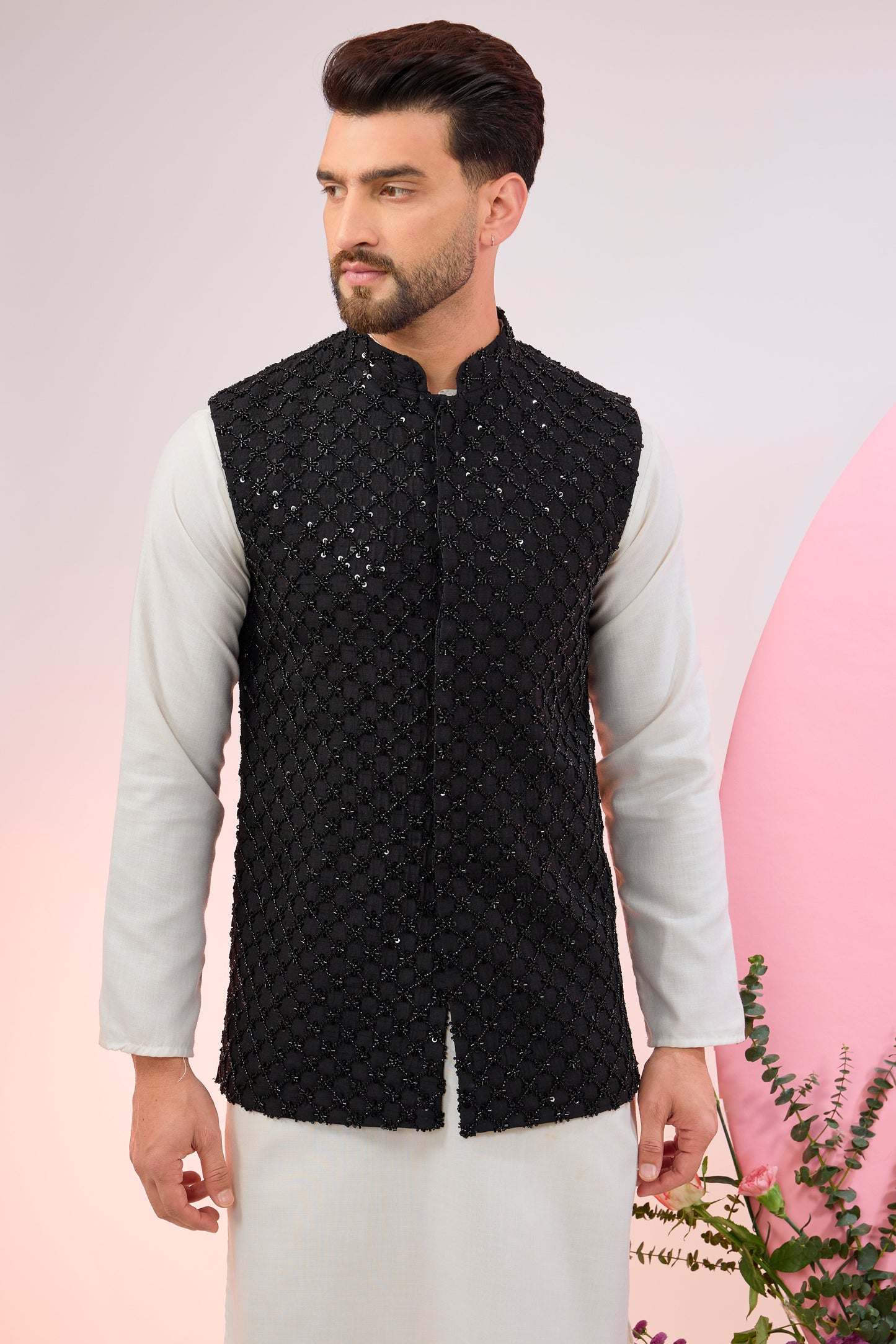 black nehru jacket with heavy cut dana embroidery