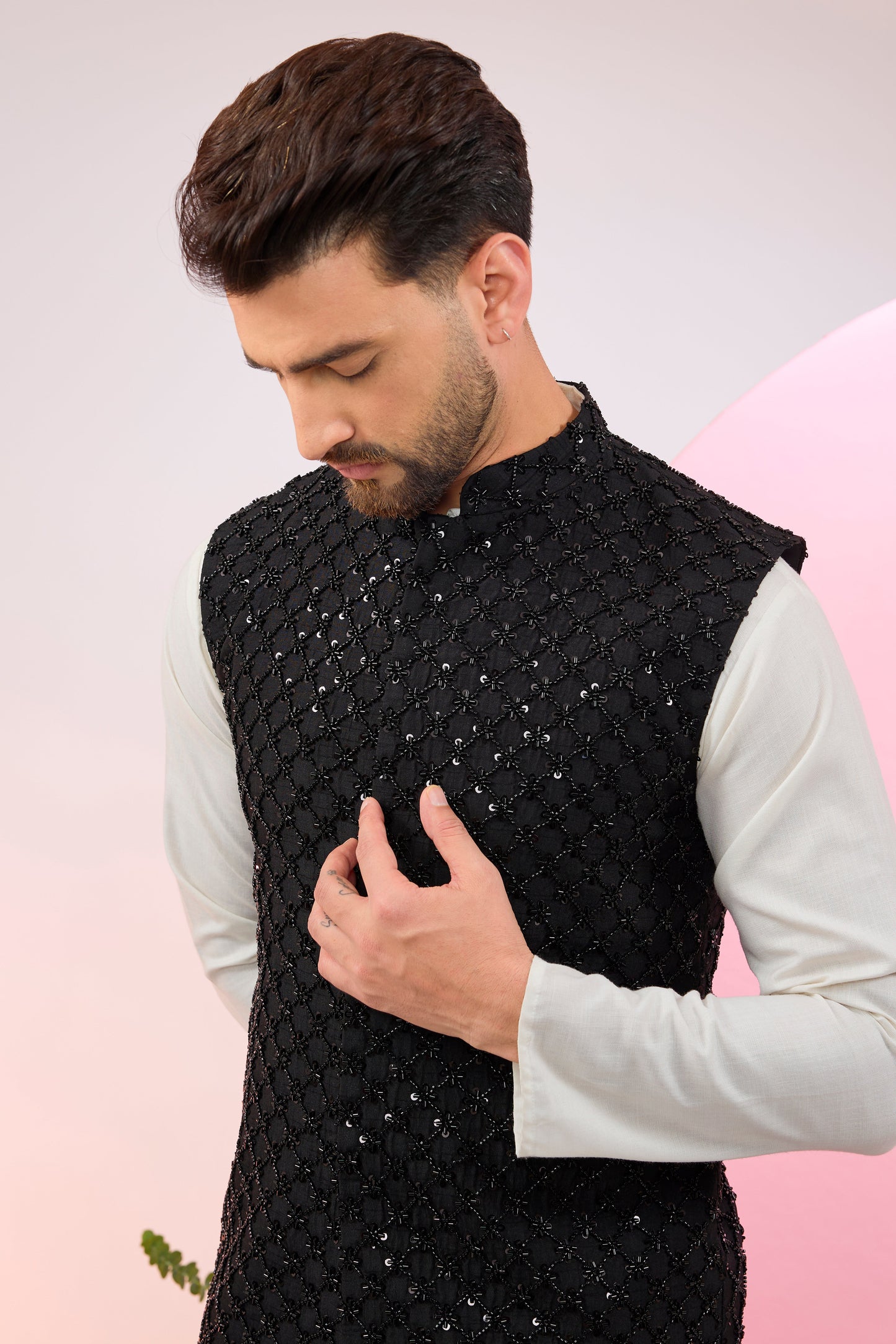 black nehru jacket with heavy cut dana embroidery