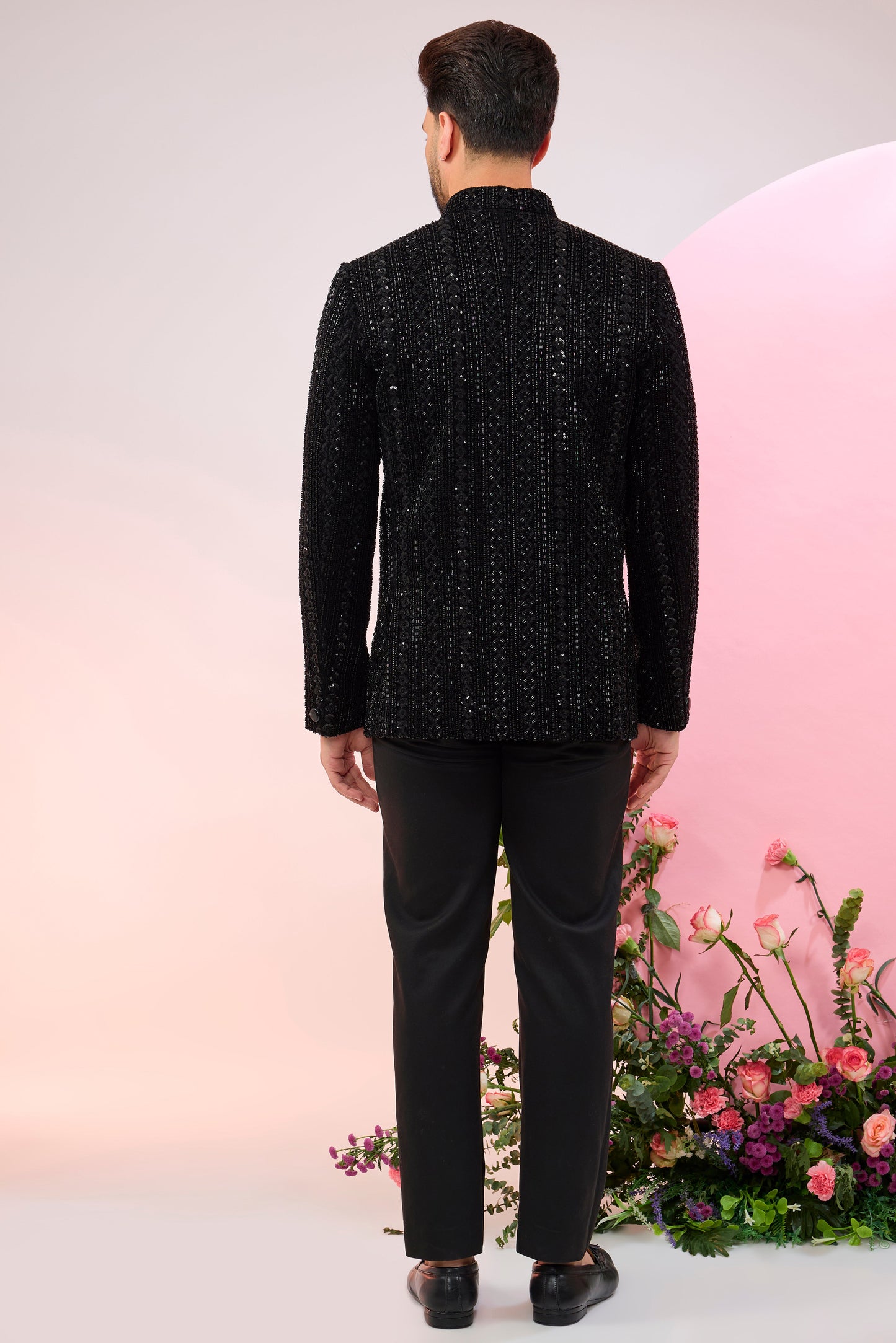 black bandhgala with heavy cut dana embroidery