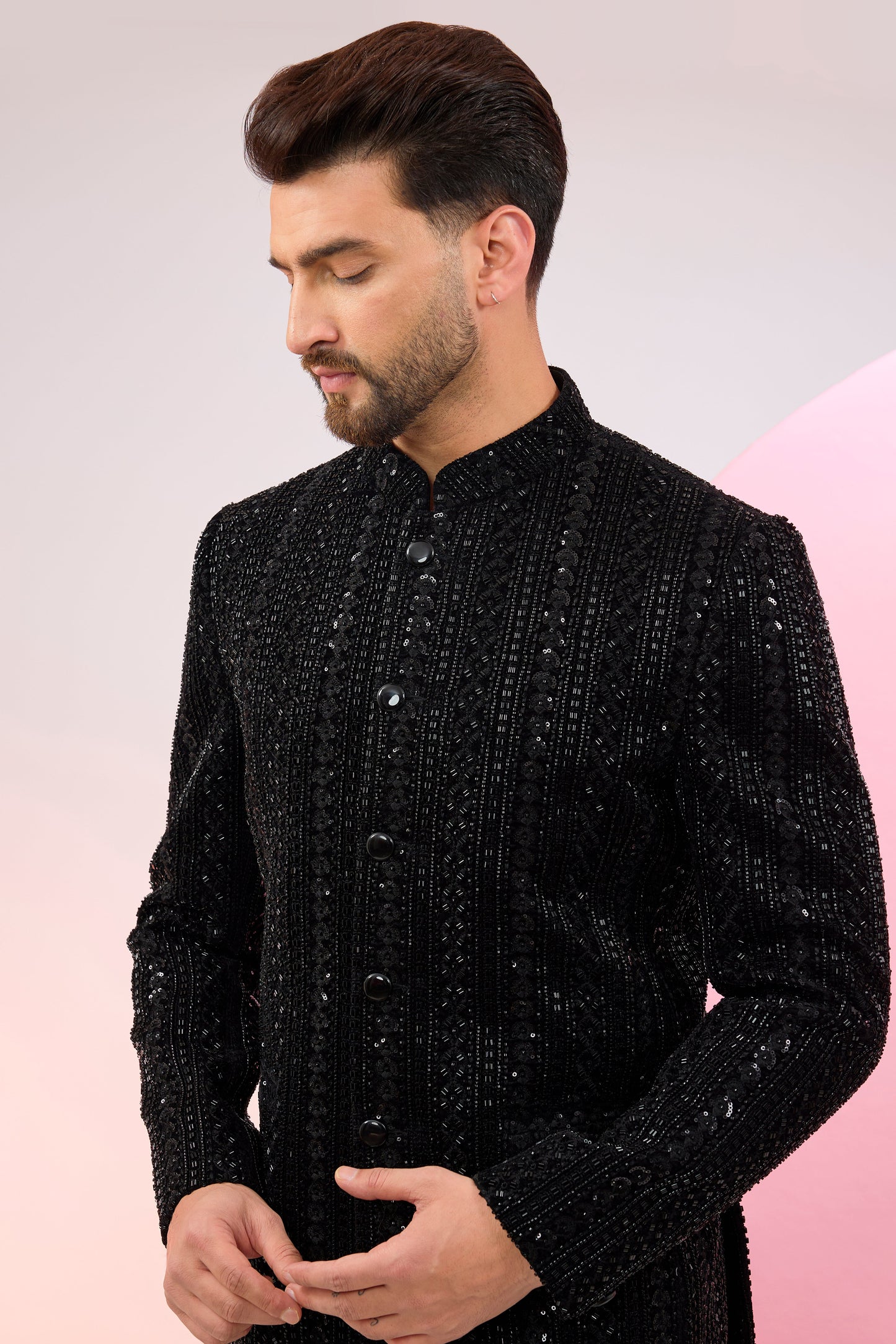 black bandhgala with heavy cut dana embroidery