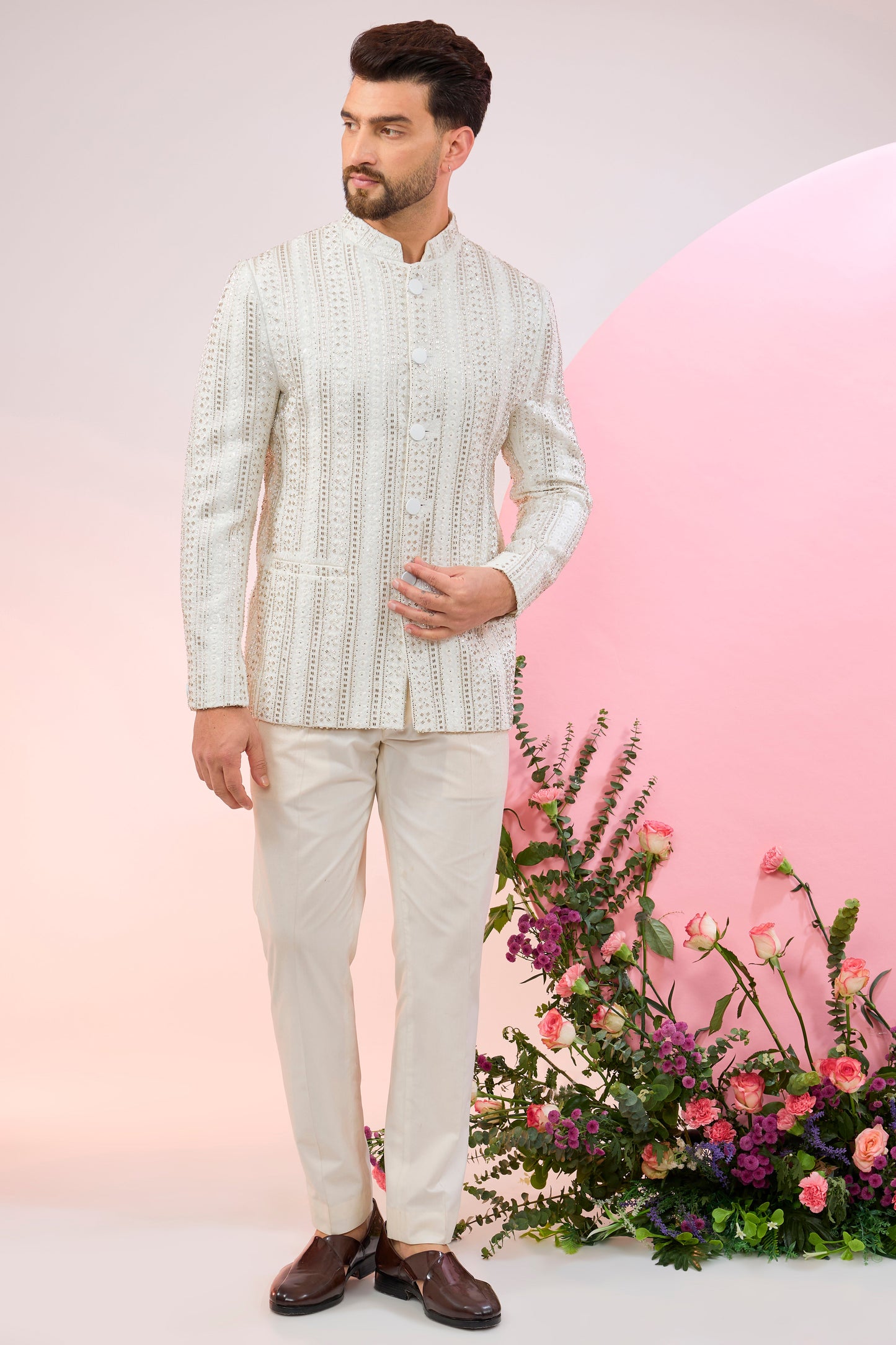 white bandhgala with heavy cut dana embroidery