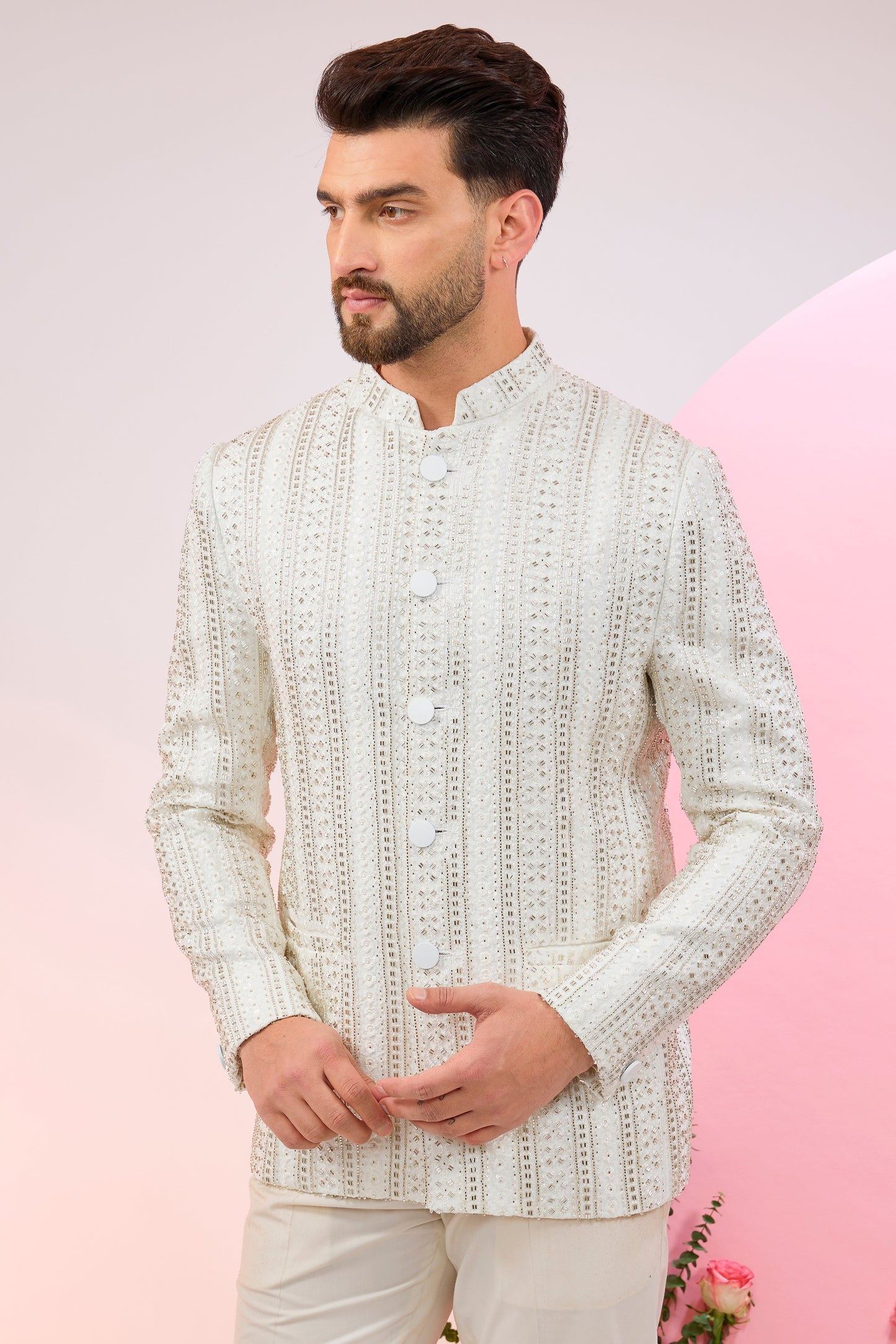 white bandhgala with heavy cut dana embroidery
