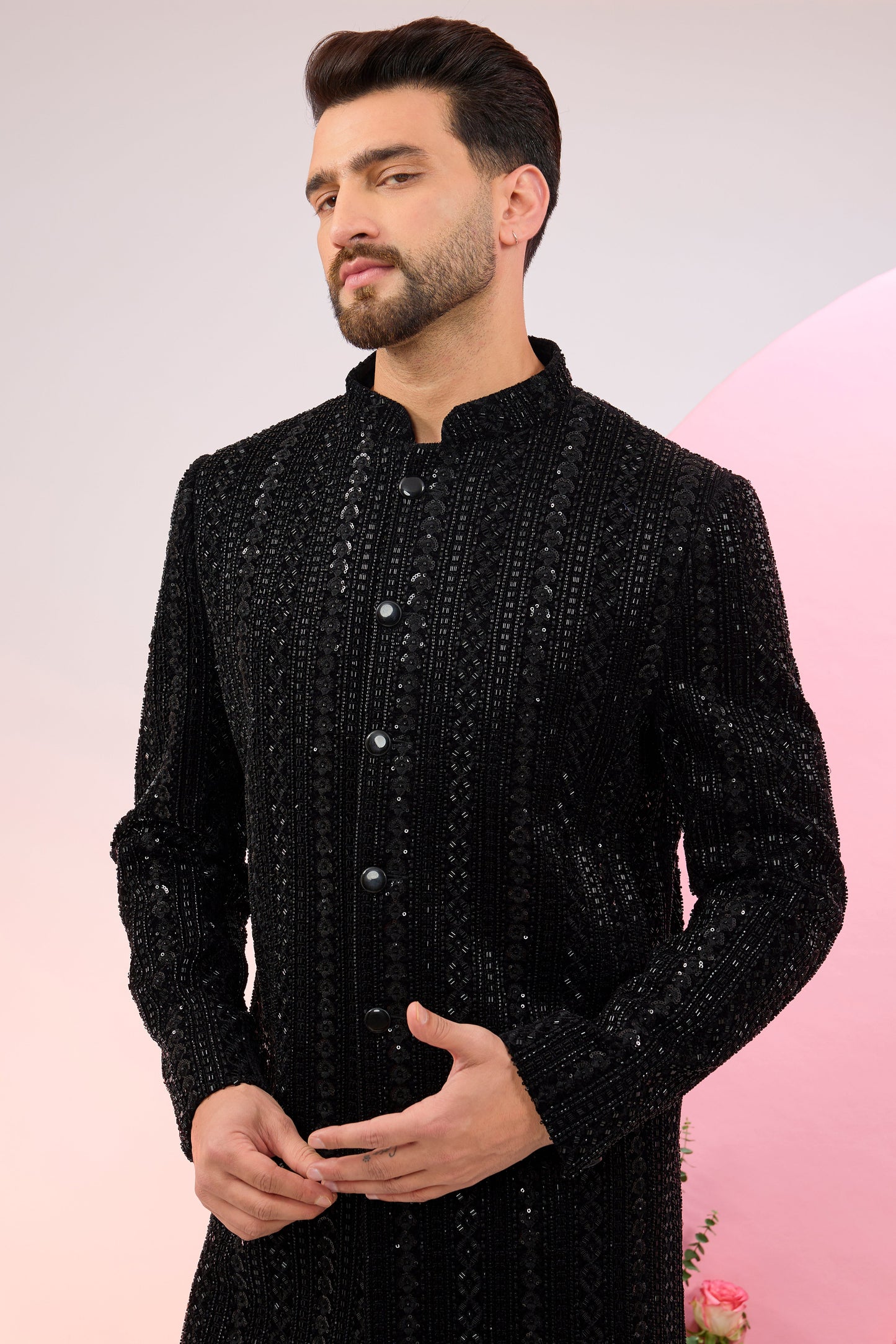 black sherwani with heavy cut dana embroidery