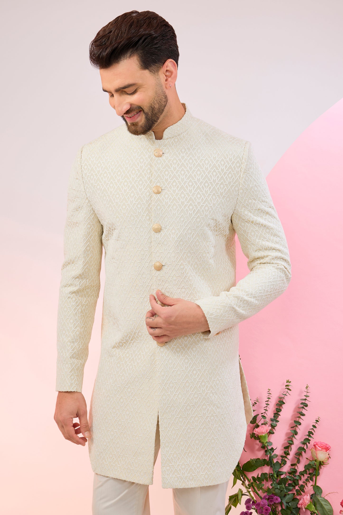 cream geometrically embroidered royal cut indowestern