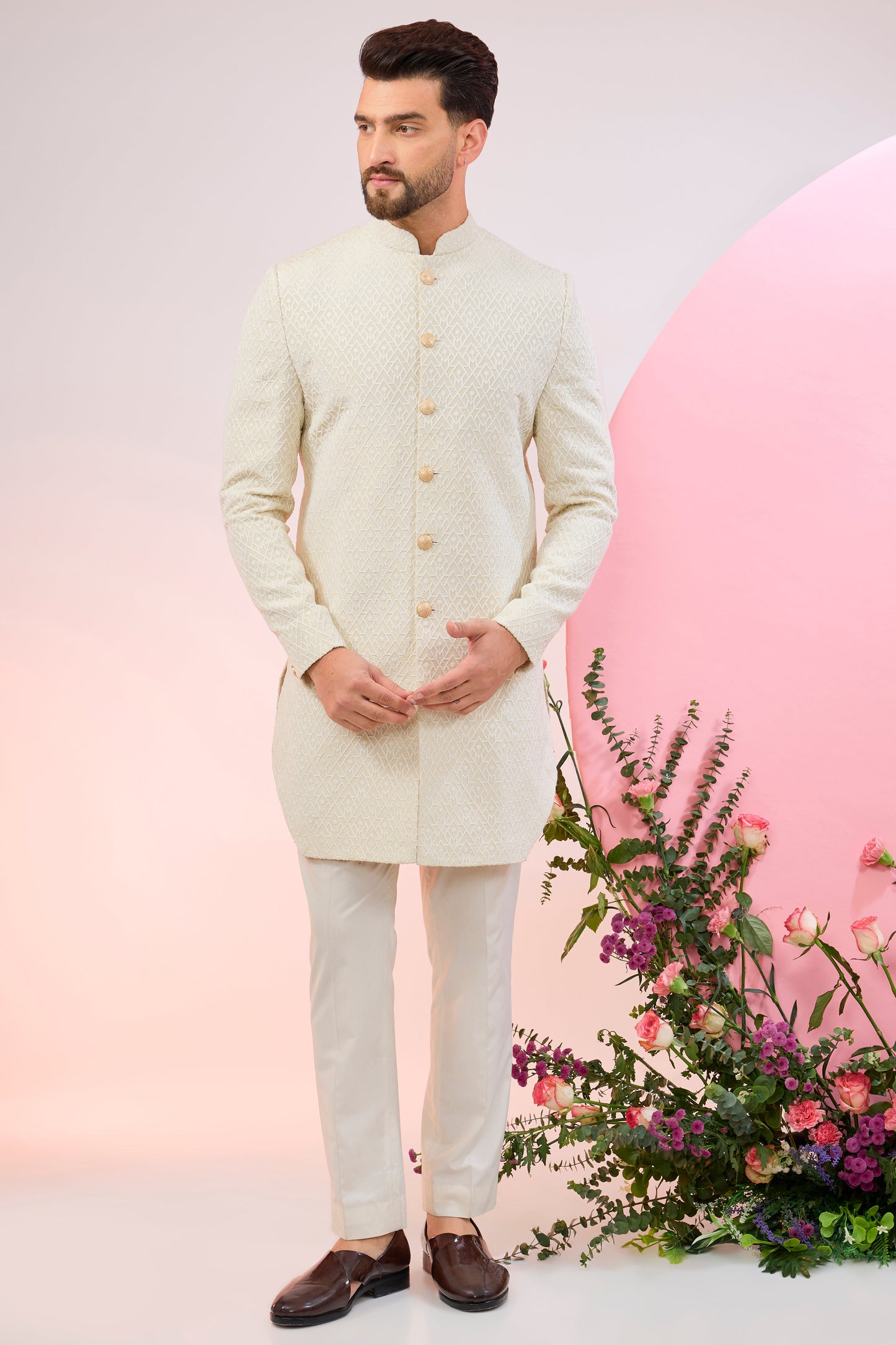 cream geometrically embroidered royal cut indowestern