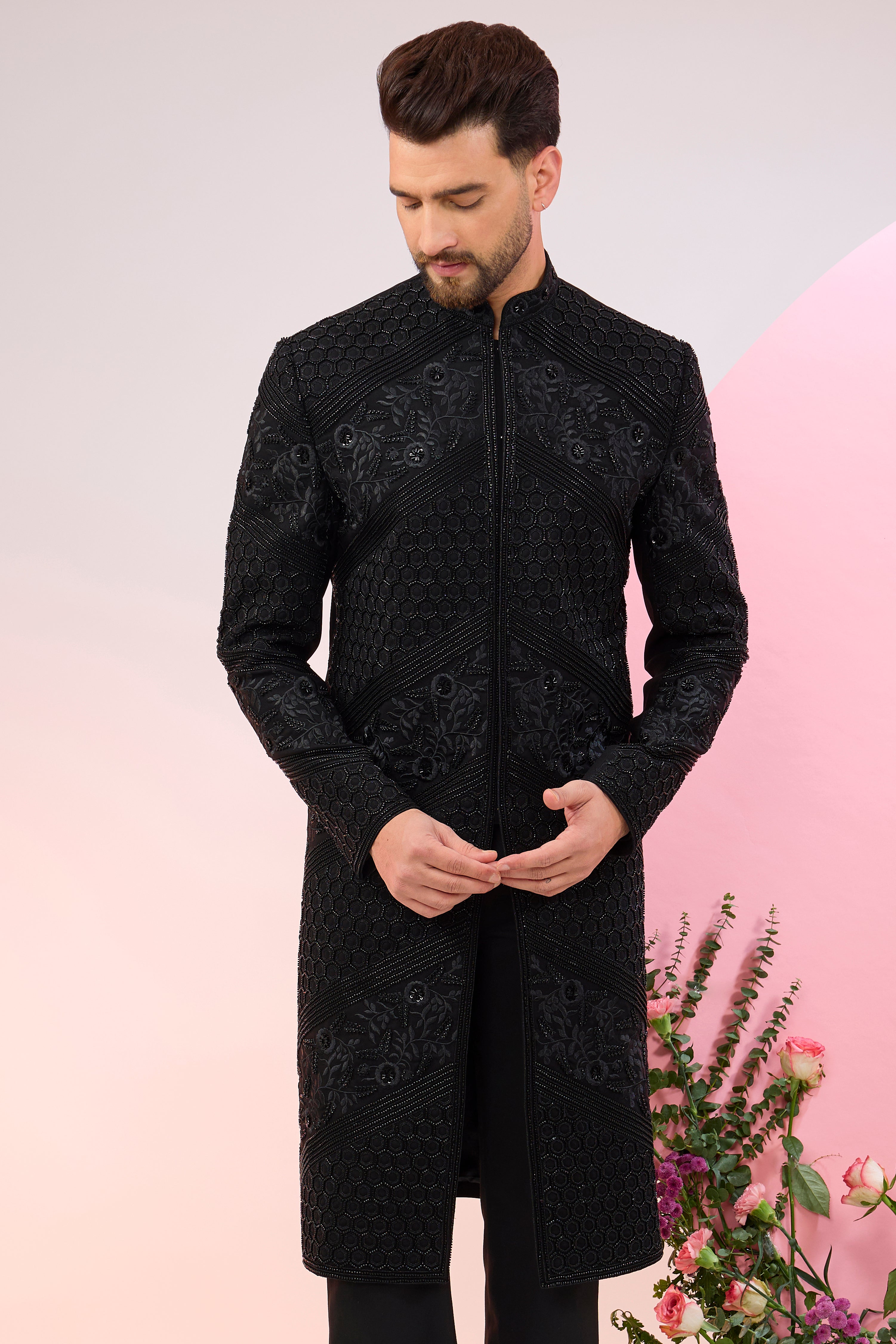 black hand embroidered cut dana sherwani with intricate thread work