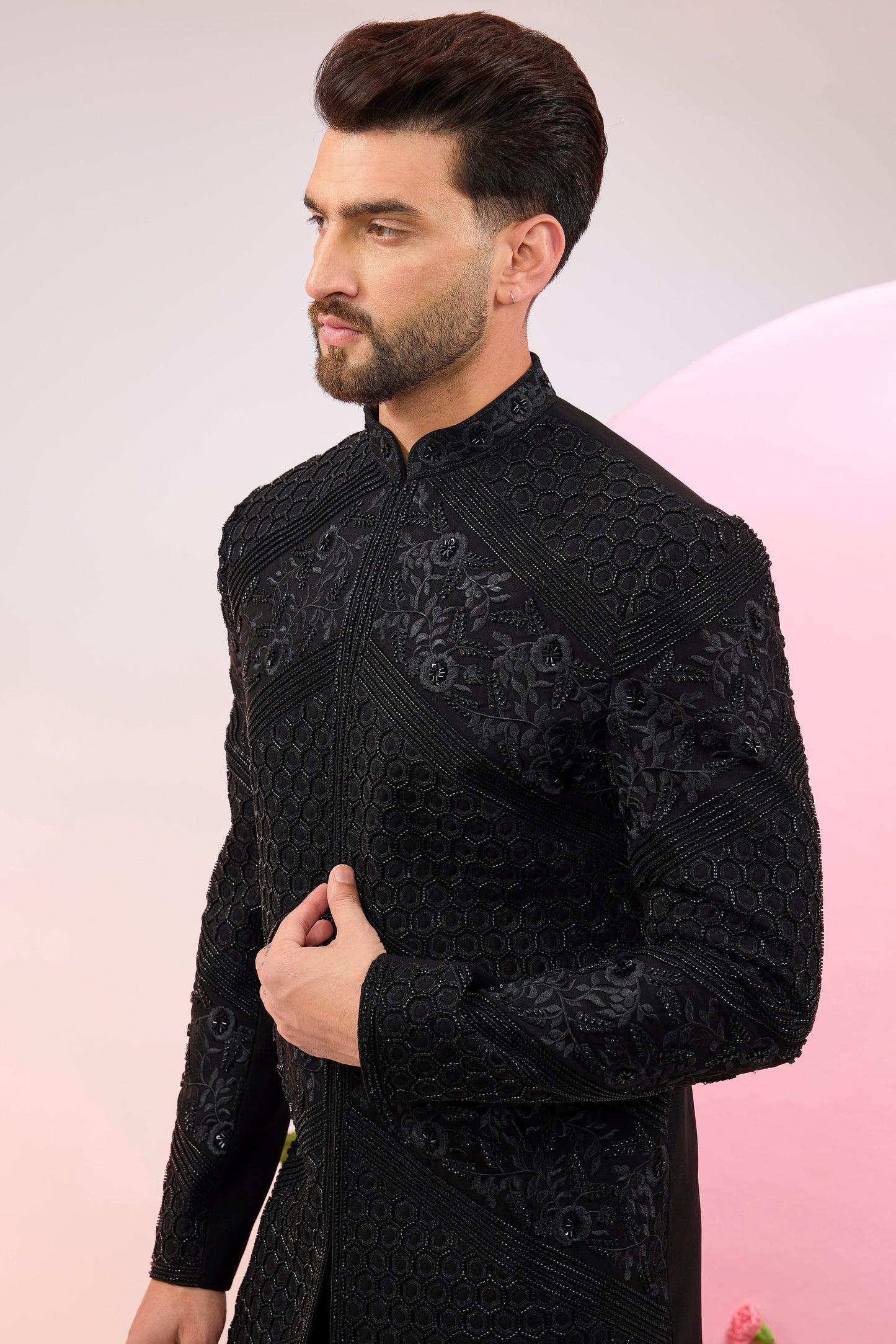 black hand embroidered cut dana sherwani with intricate thread work