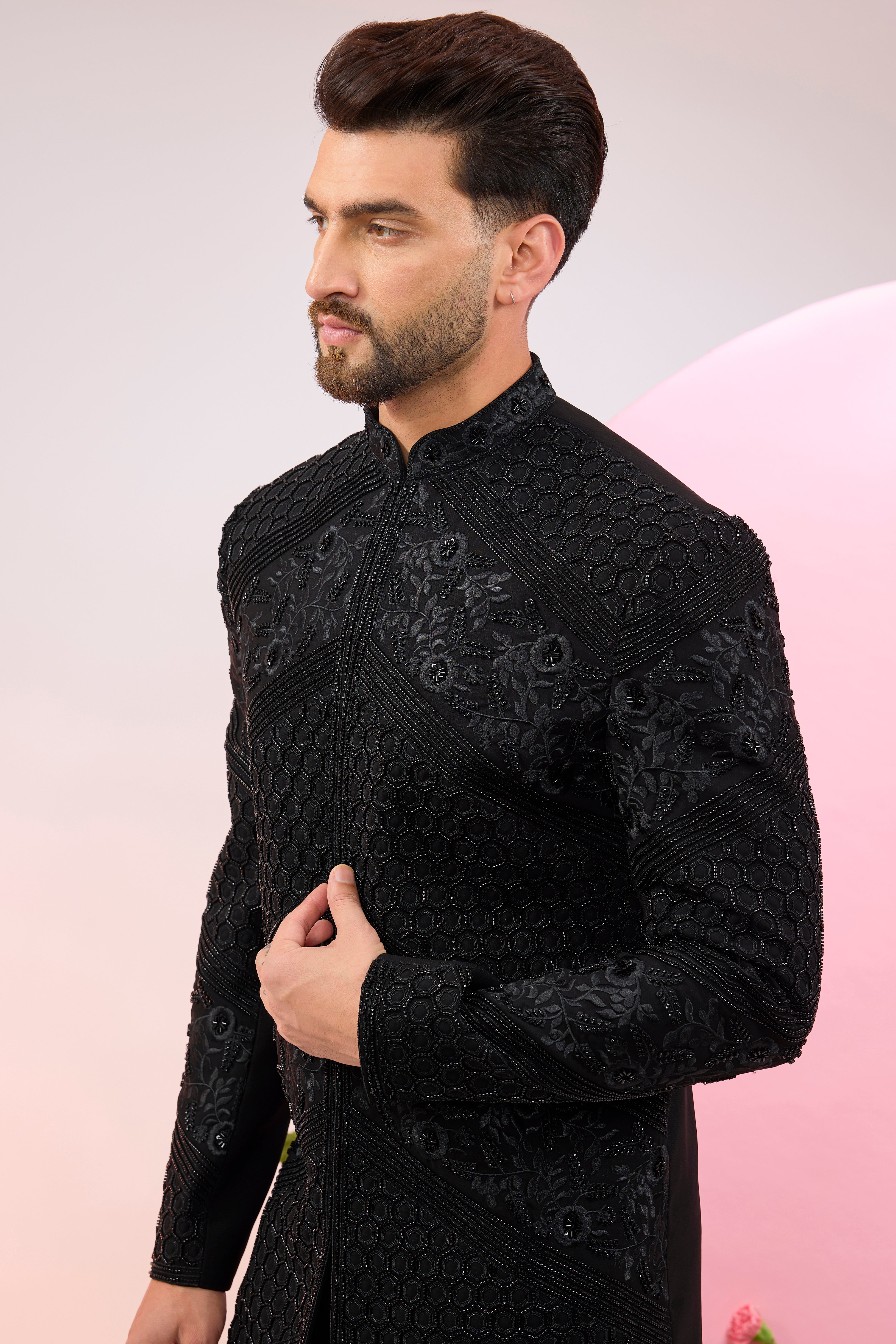 black hand embroidered cut dana sherwani with intricate thread work